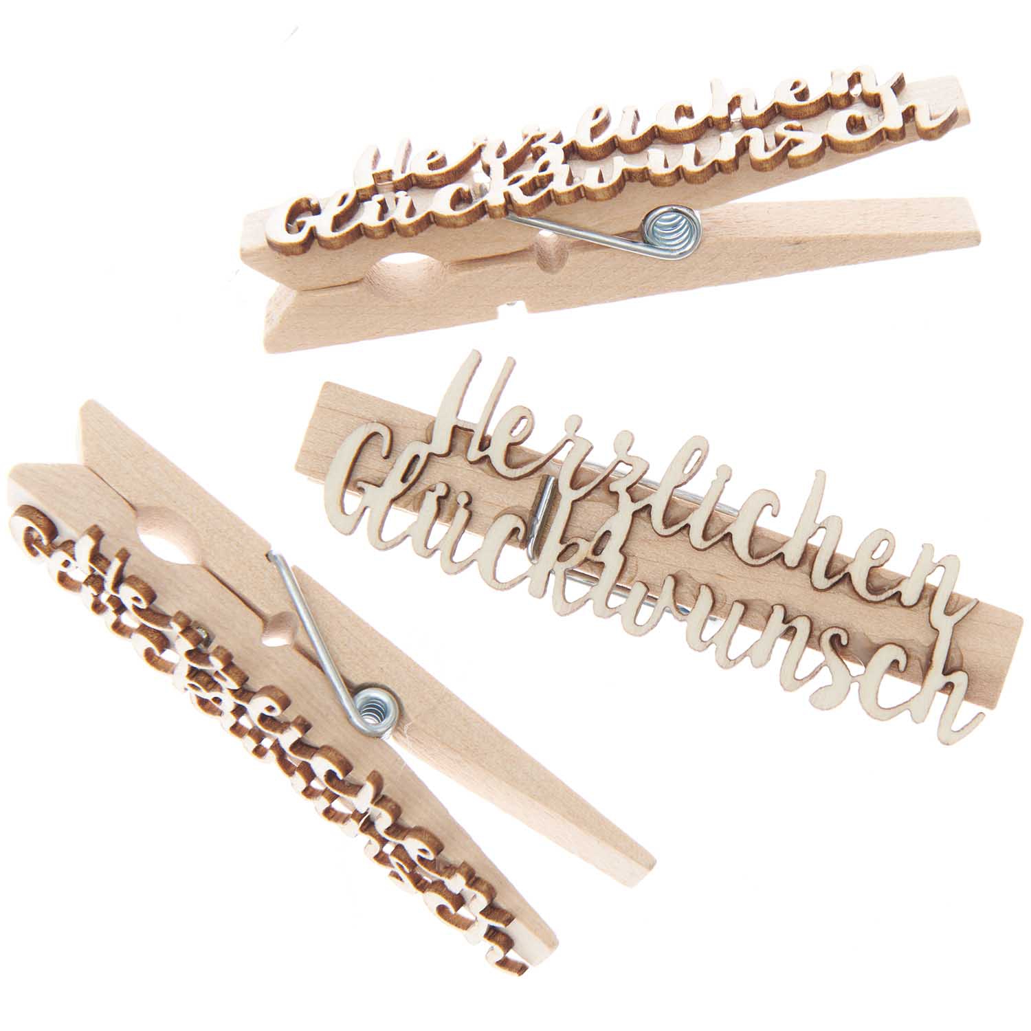 3 Holzklammern "Herzlichen GlĂŒckwunsch" 3 Holzklammern "Herzlichen GlĂŒckwunsch"