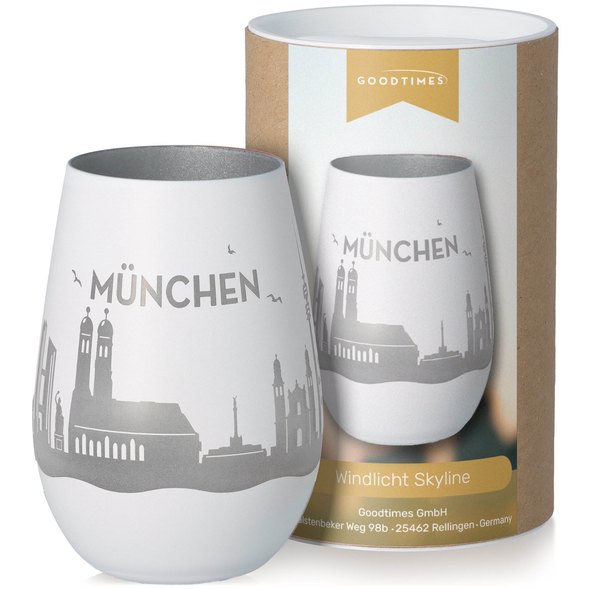 Windlicht Skyline München Weiß/Silber Töpferei, Krug, Tasse, Lampe