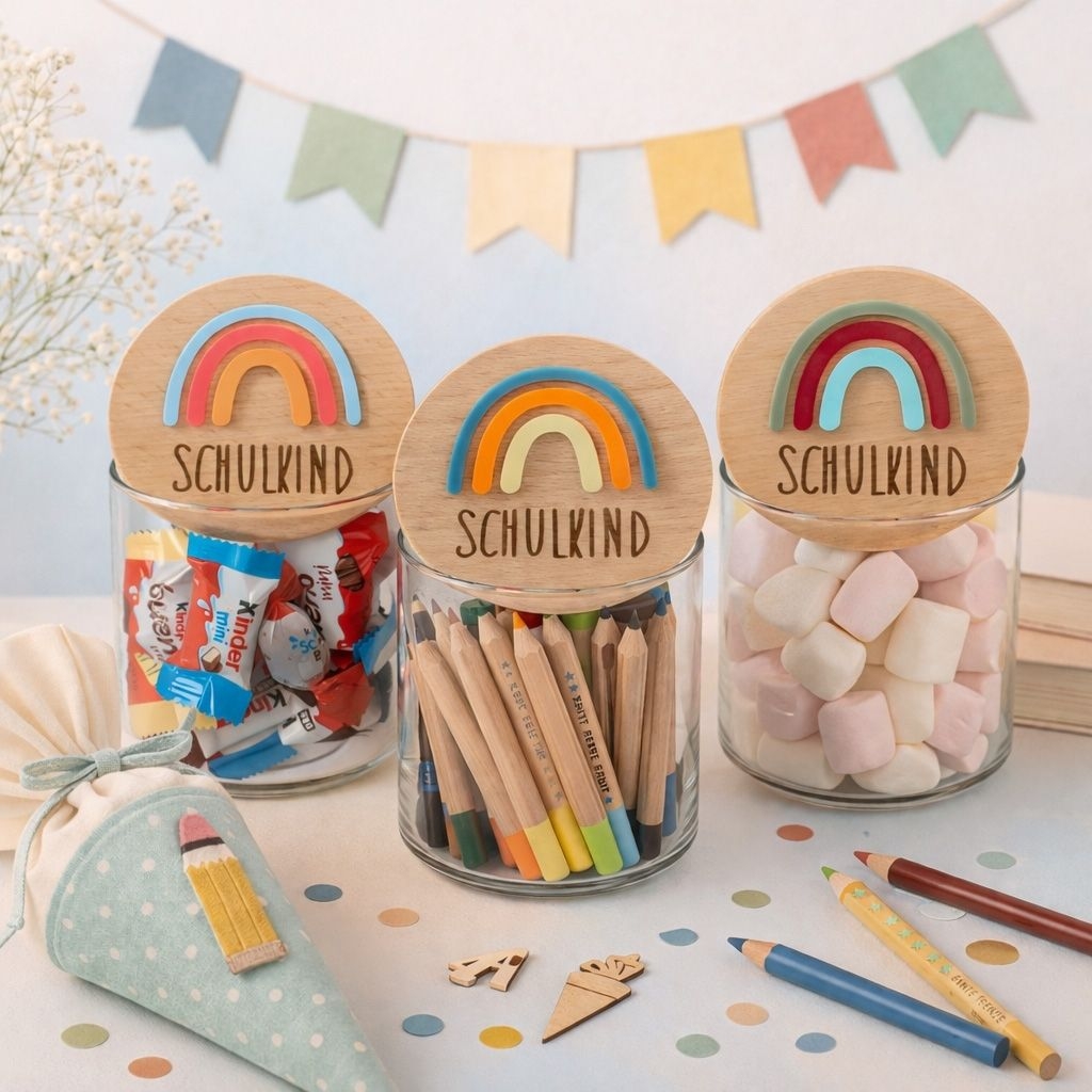 Schulkind, Schulzubehör, Buntstifte, Holzdeckel, Glasbehälter