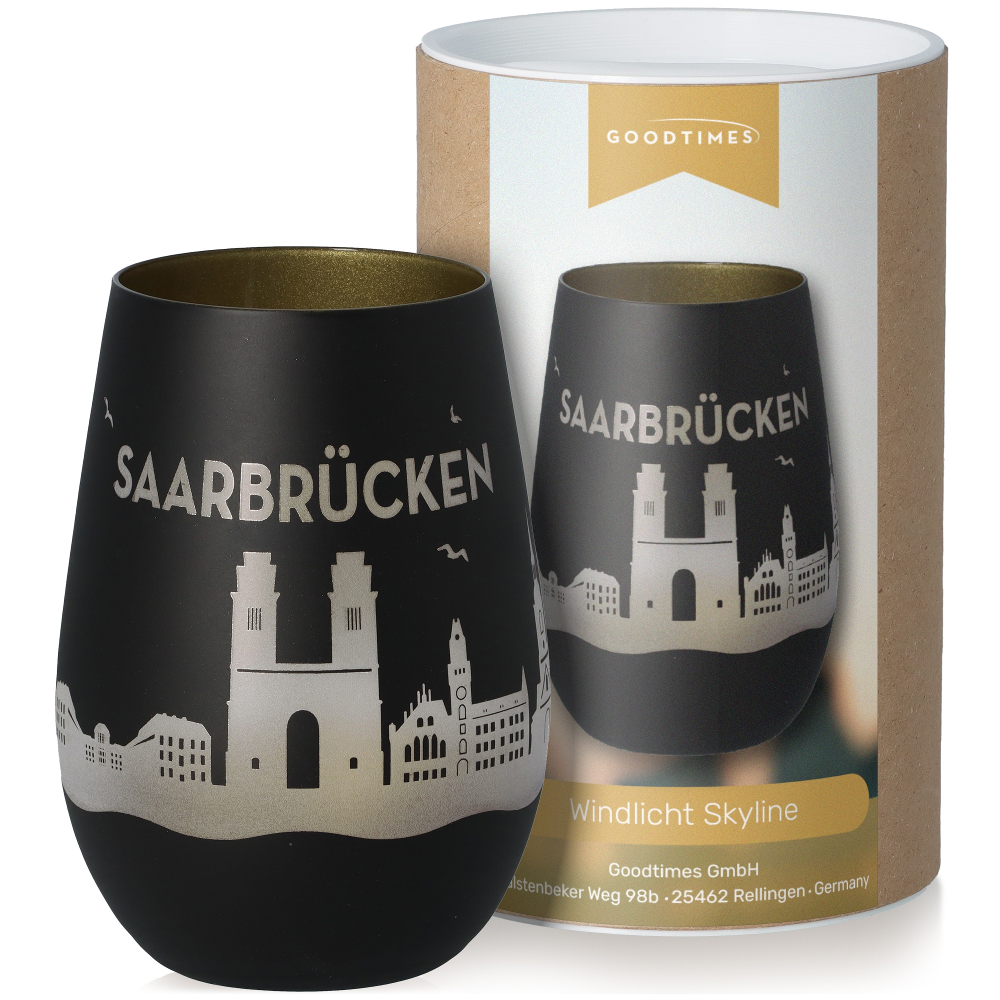 Windlicht Skyline Saarbrücken Schwarz/Gold Pokal