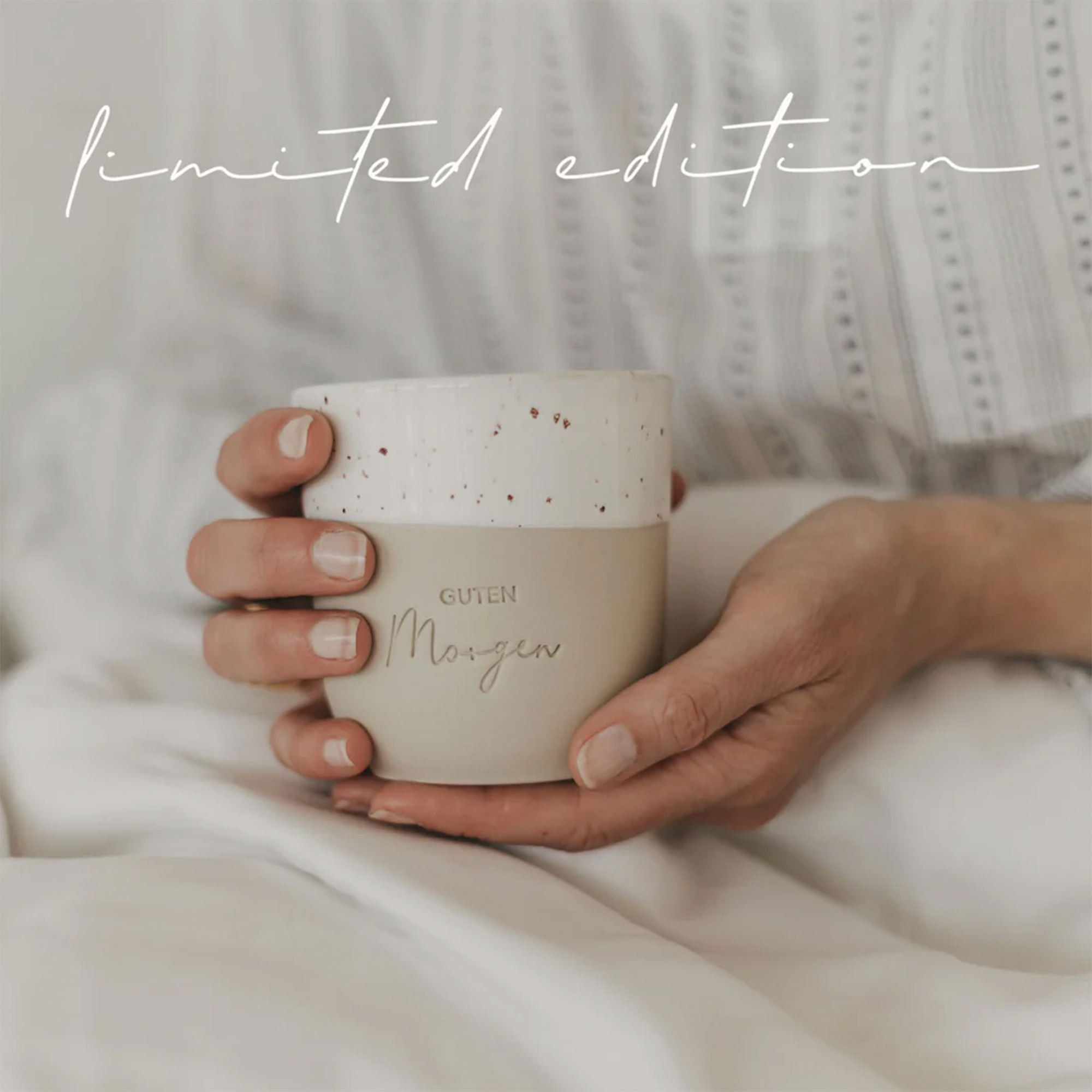 Eulenschnitt - Steingut-Becher "Guten Morgen" Limited Edition Körperteil, Finger, Hand, Person, Tasse