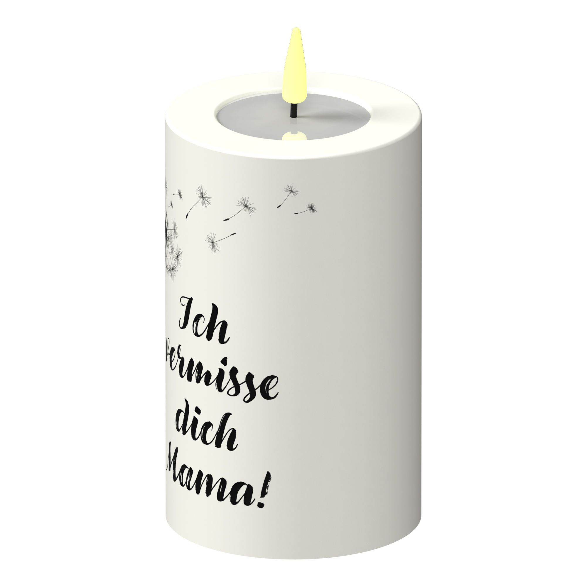 LED Stumpenkerze Weiß Pusteblume "Ich vermisse dich Mama!" LED Stumpenkerze Weiß Pusteblume "Ich vermisse dich Mama!"