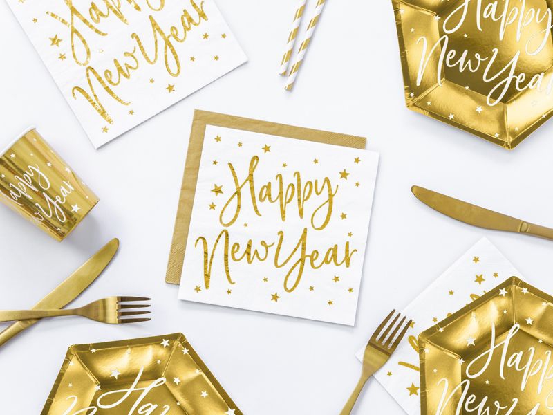 20 Servietten - "Happy New Year" Weiß/Gold
