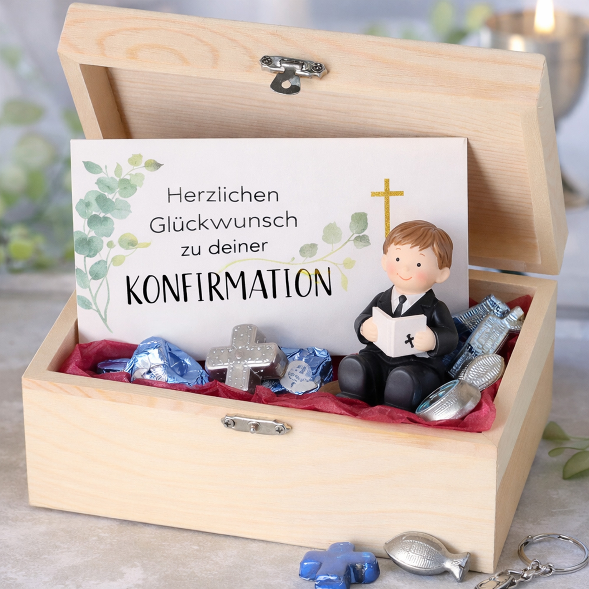 Konfirmationsgeschenk, Holzkästchen, Segen, Kruzifix, Schmuck/Andenken