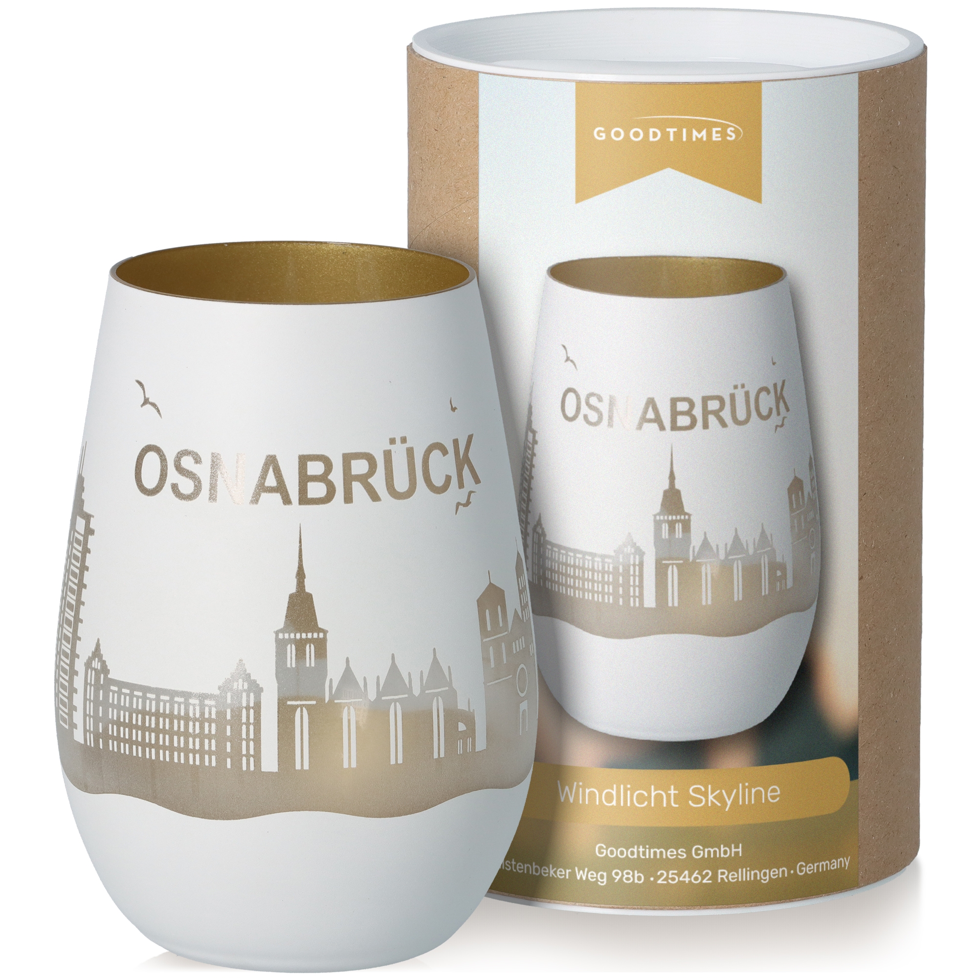 Windlicht Skyline Osnabrück Weiß/Gold Windlicht Skyline Osnabrück Weiß/Gold