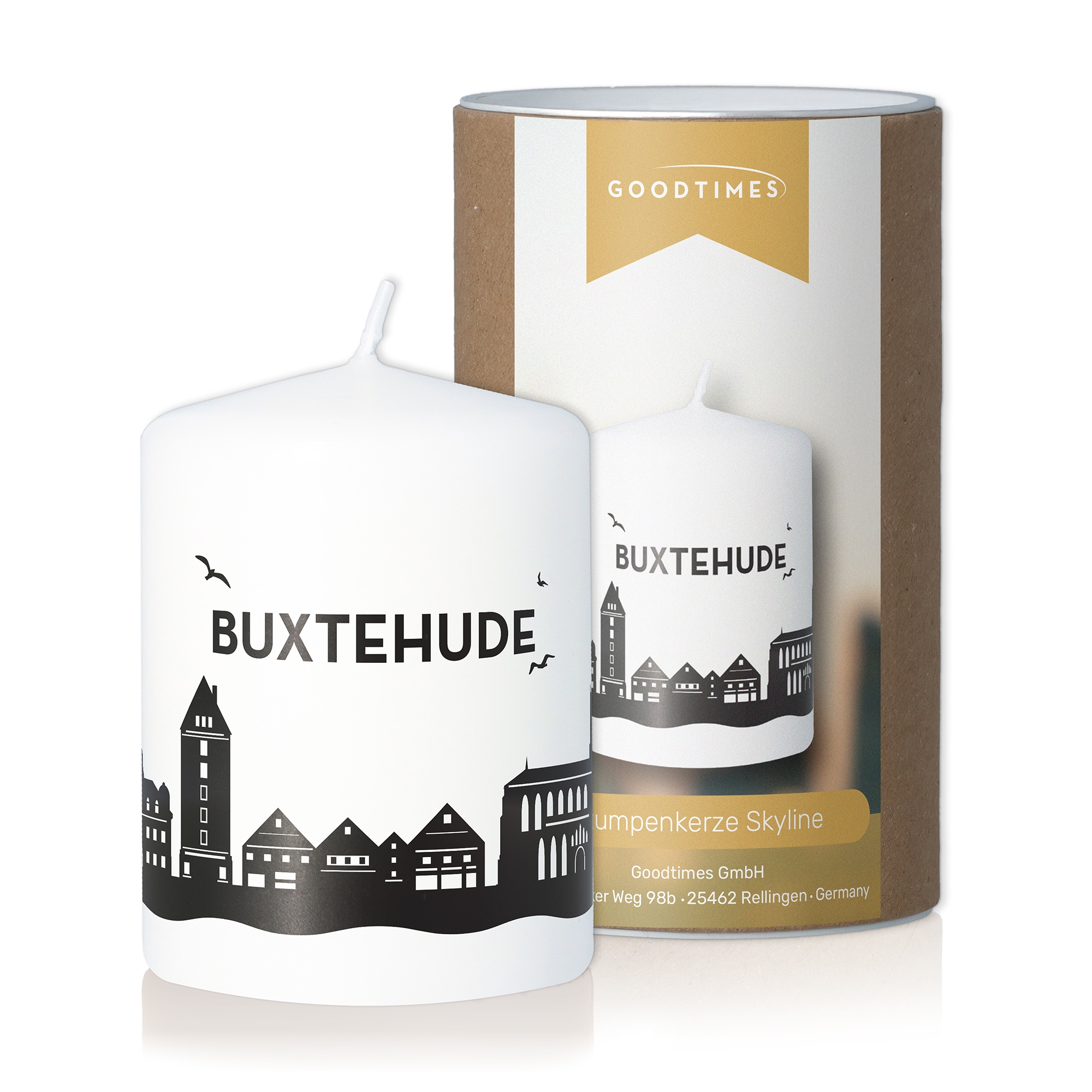 Stumpenkerze Skyline Buxtehude Weiß Kerze