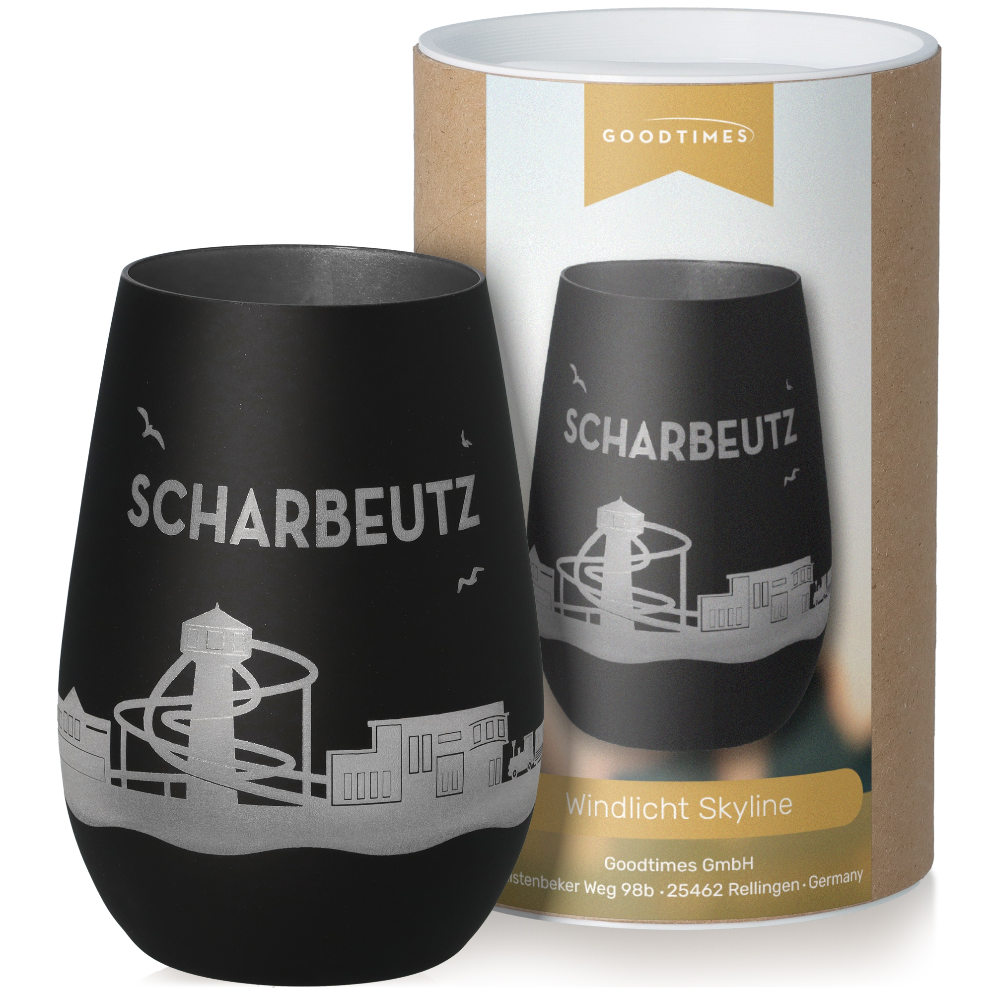 Windlicht Skyline Scharbeutz Schwarz/Silber Krug, Flasche