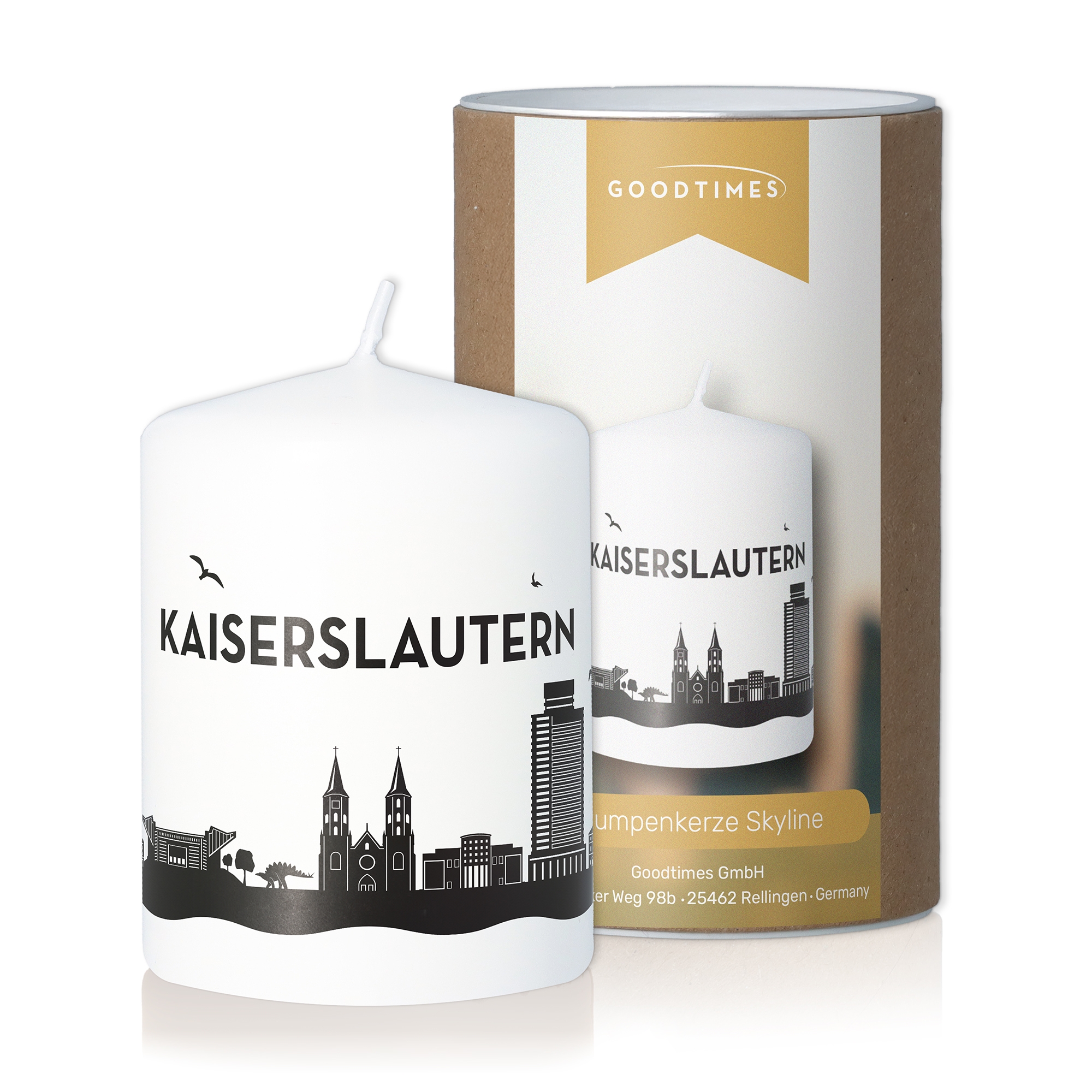 Stumpenkerze Skyline Kaiserslautern Weiß Stumpenkerze Skyline Kaiserslautern Weiß