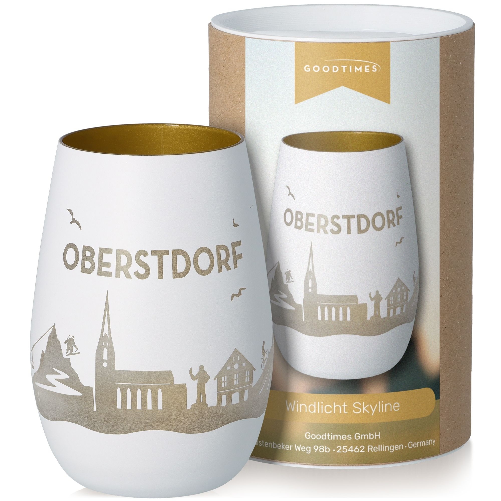 Windlicht Skyline Oberstdorf Weiß/Gold Töpferei, Tasse, Krug, Kunst, Porzellan