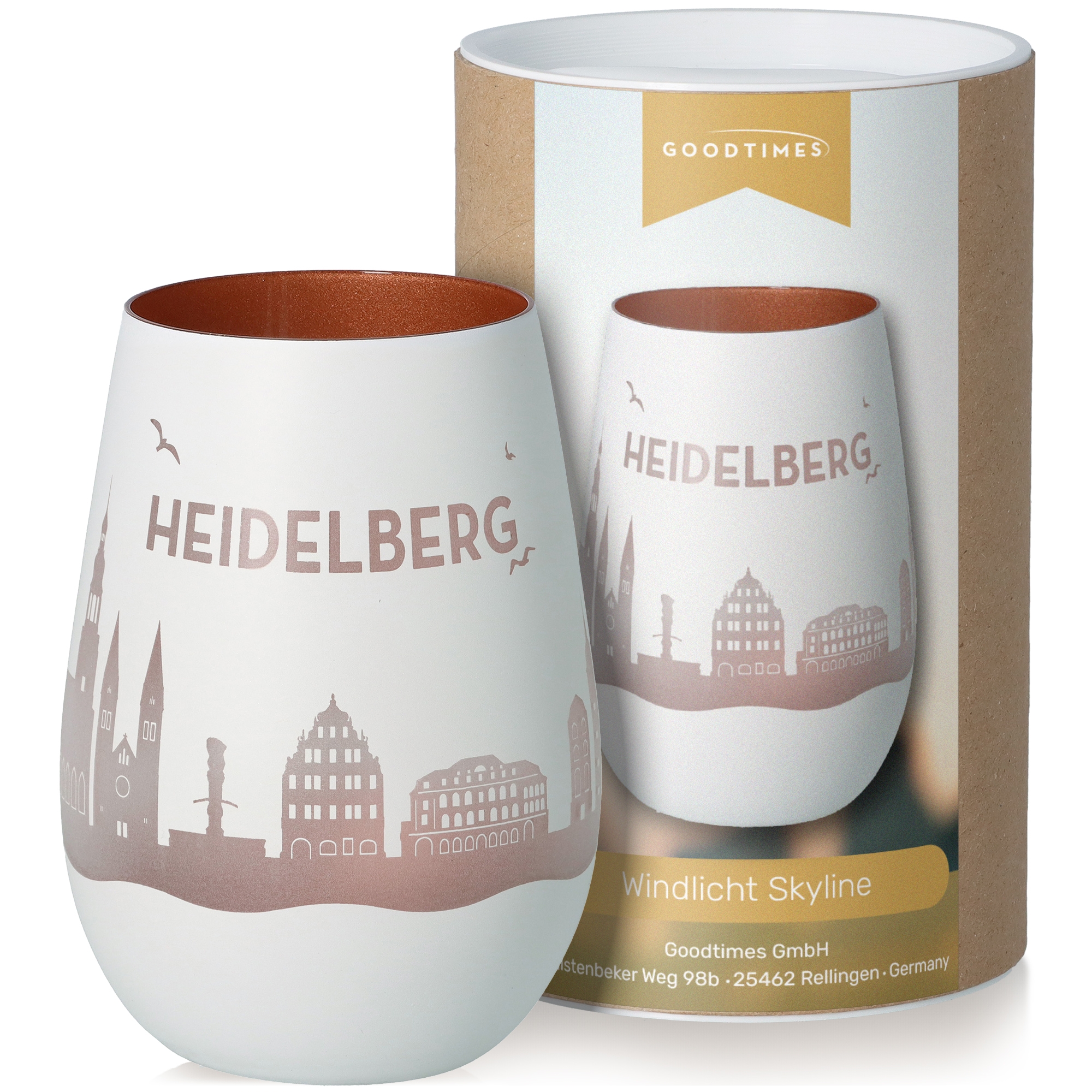 Windlicht Skyline Heidelberg Weiß/Bronze Töpferei, Tasse, Kunst, Porzellan, Glas