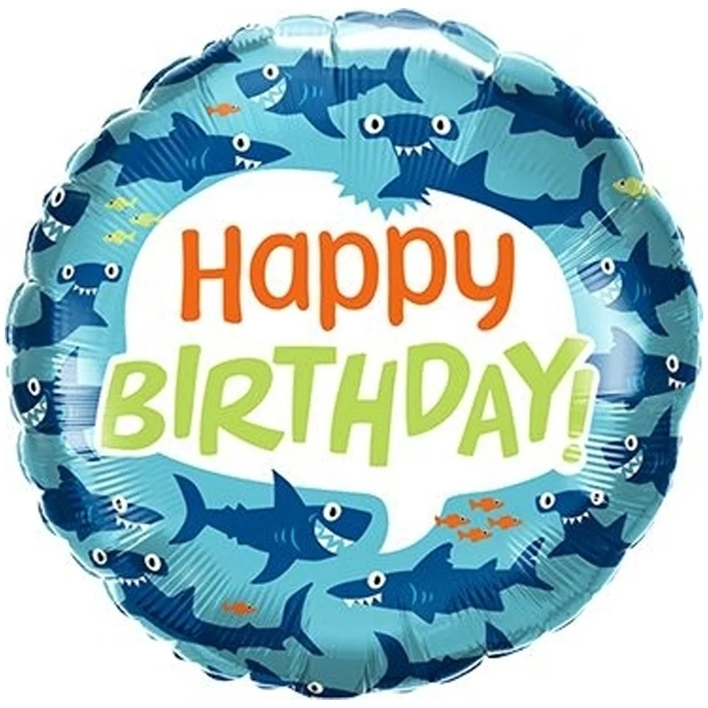 Geburtstagsballon, Runder Ballon, Shark-Design, Blau, Happy Birthday