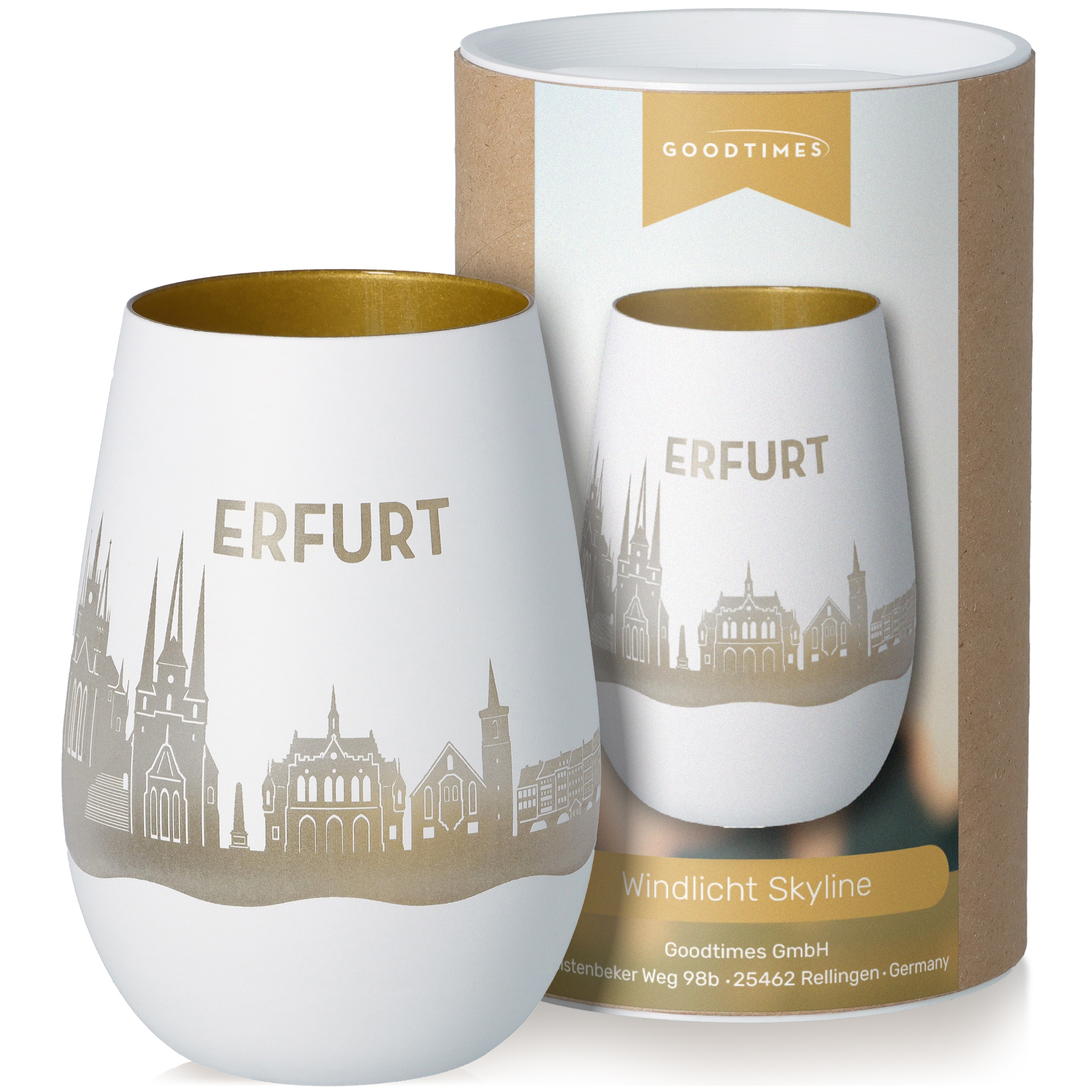 Windlicht Skyline Erfurt Weiß/Gold Töpferei, Krug, Porzellan, Tasse, Glas