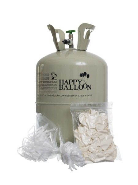 30er Ballonset: 30 weiße Herzballons (25 cm) und Bänder mit Helium Einweg-Flasche