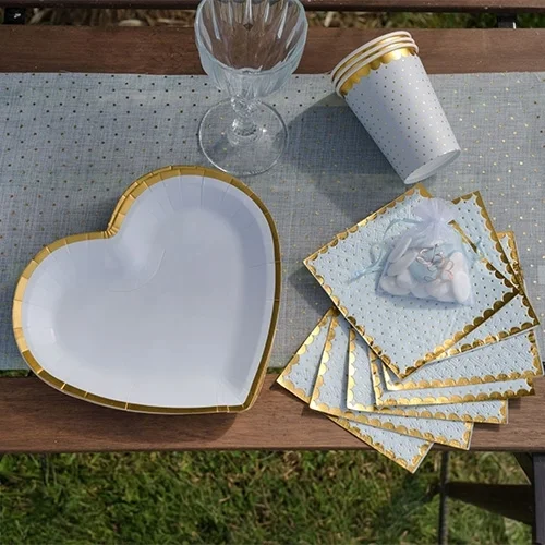 Herz-Teller, Servierplatte, Weiß, Goldrand, Pappteller-Set