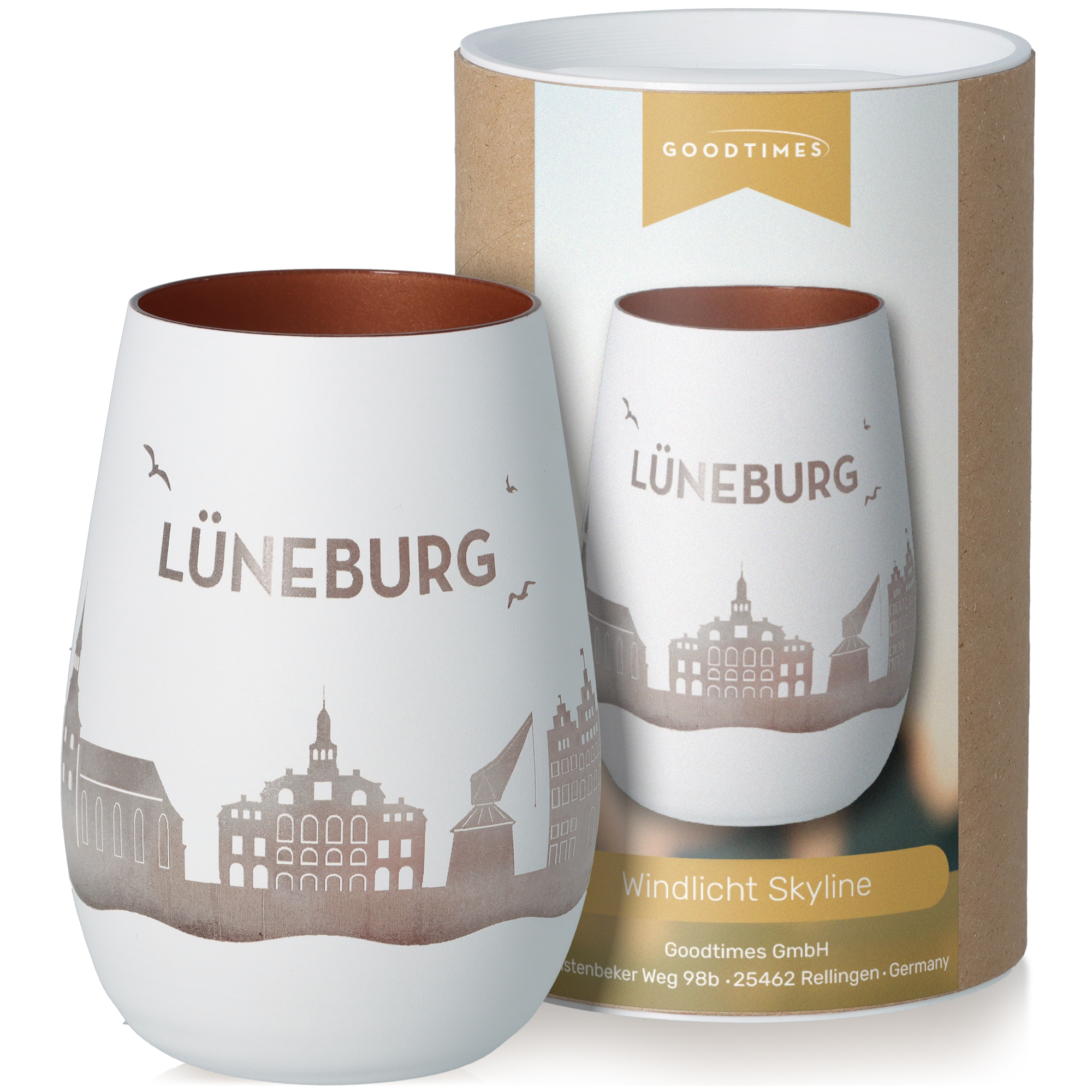 Windlicht Skyline Lüneburg Weiß/Bronze Töpferei, Tasse, Kunst, Porzellan