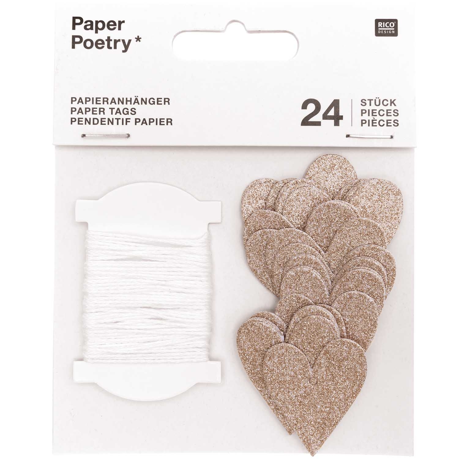 24 Papieranhänger "Glitzerherzen", Roségold