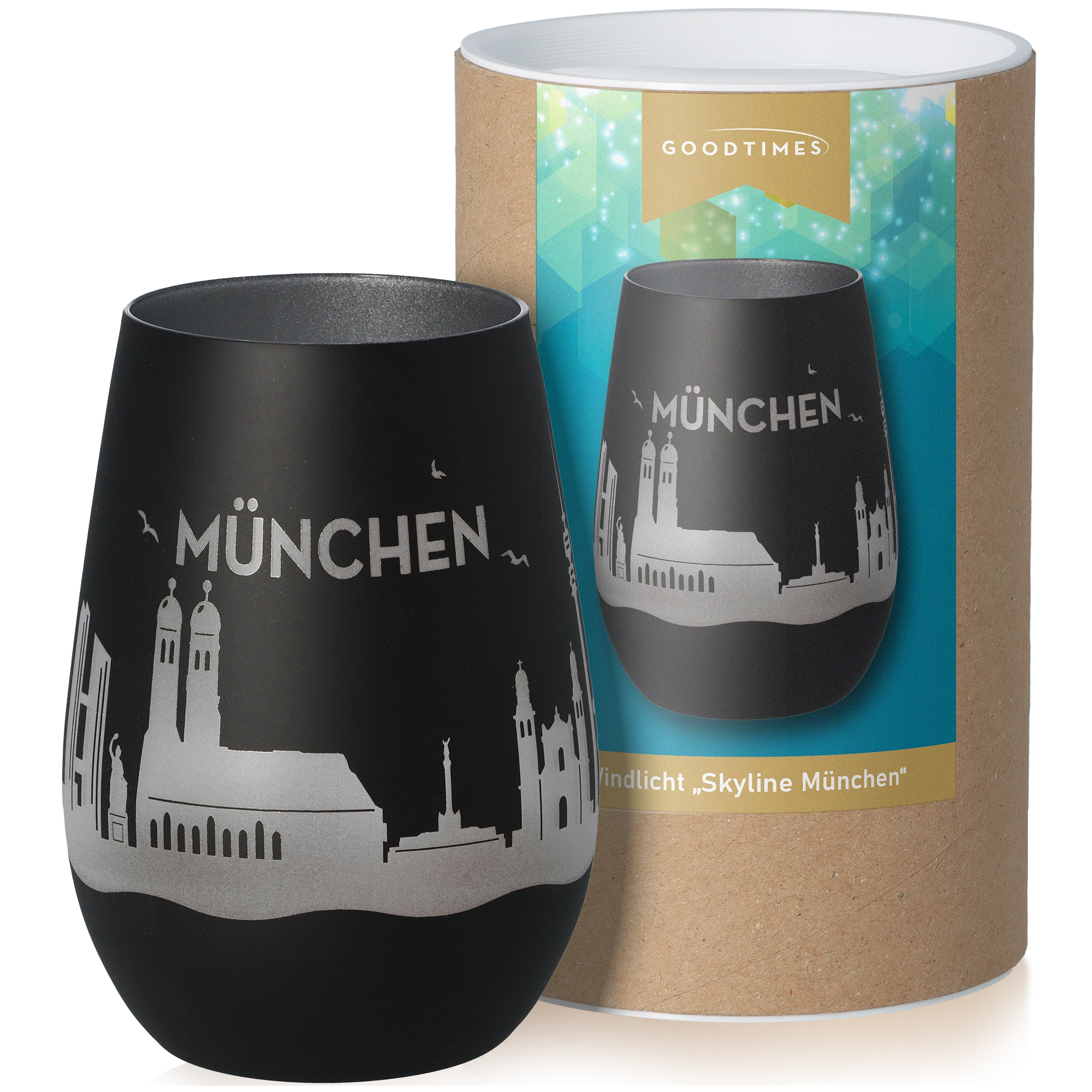 Windlicht Skyline München Schwarz/Silber