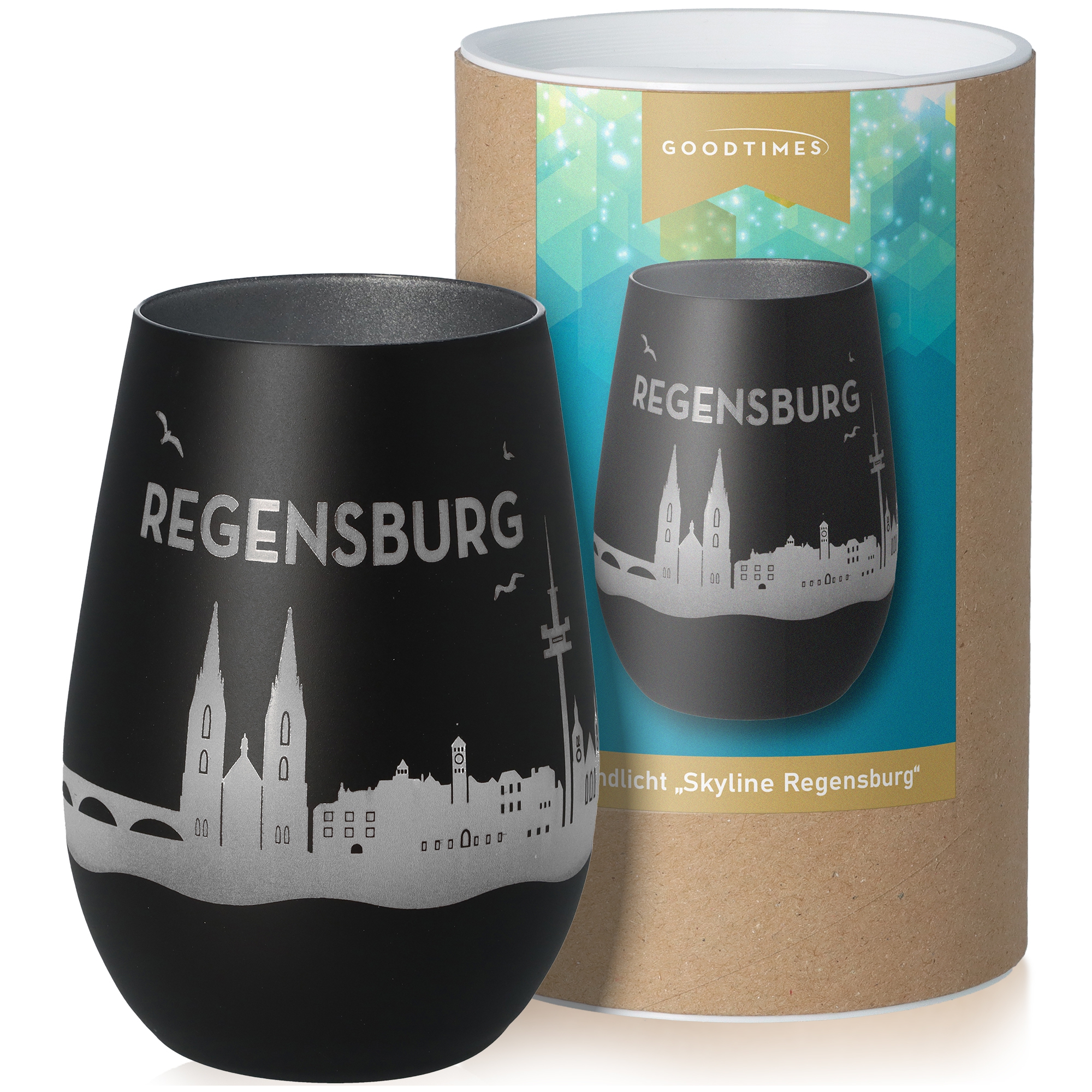 Windlicht Skyline Regensburg Schwarz/Silber