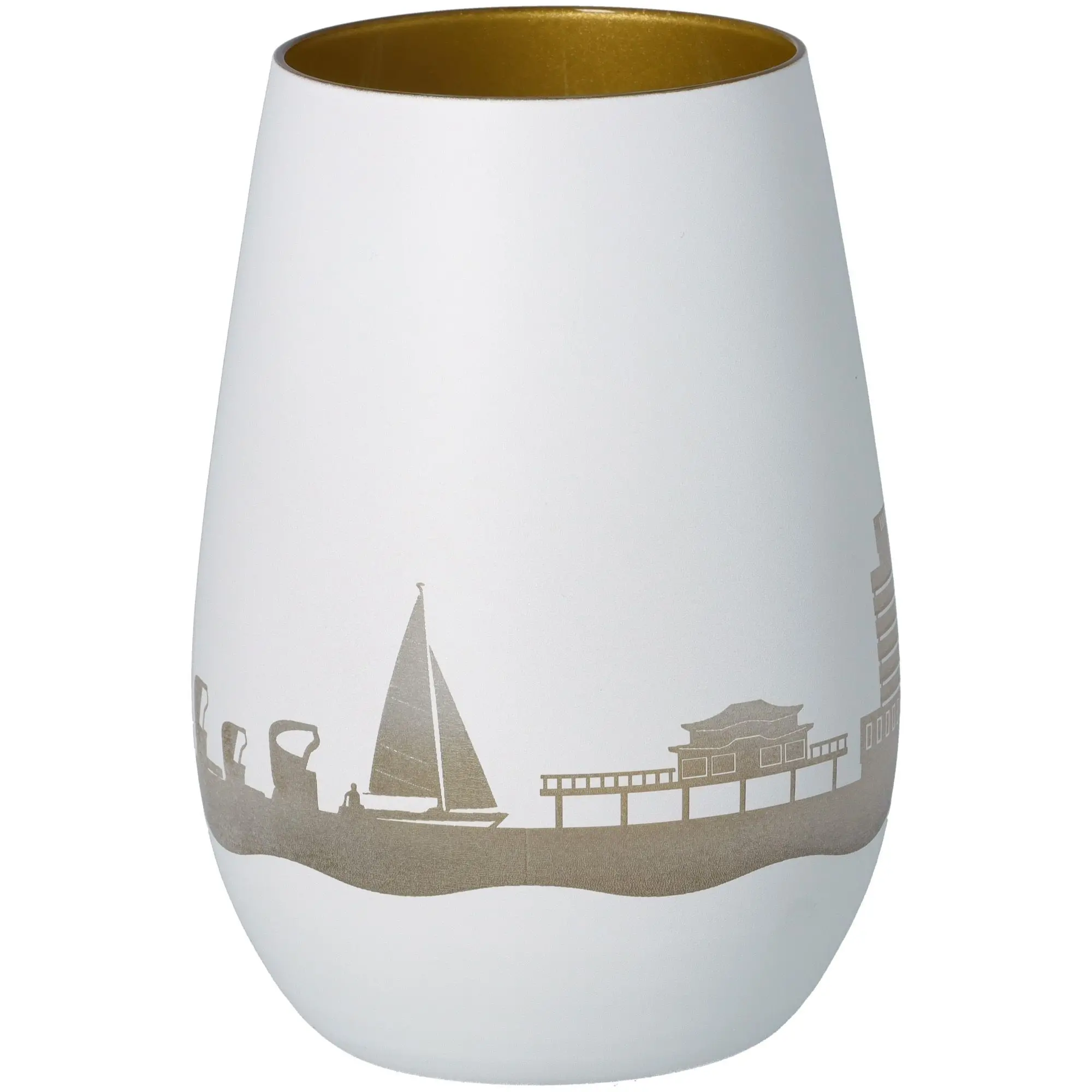 Windlicht Skyline Timmendorfer Strand Weiß/Gold