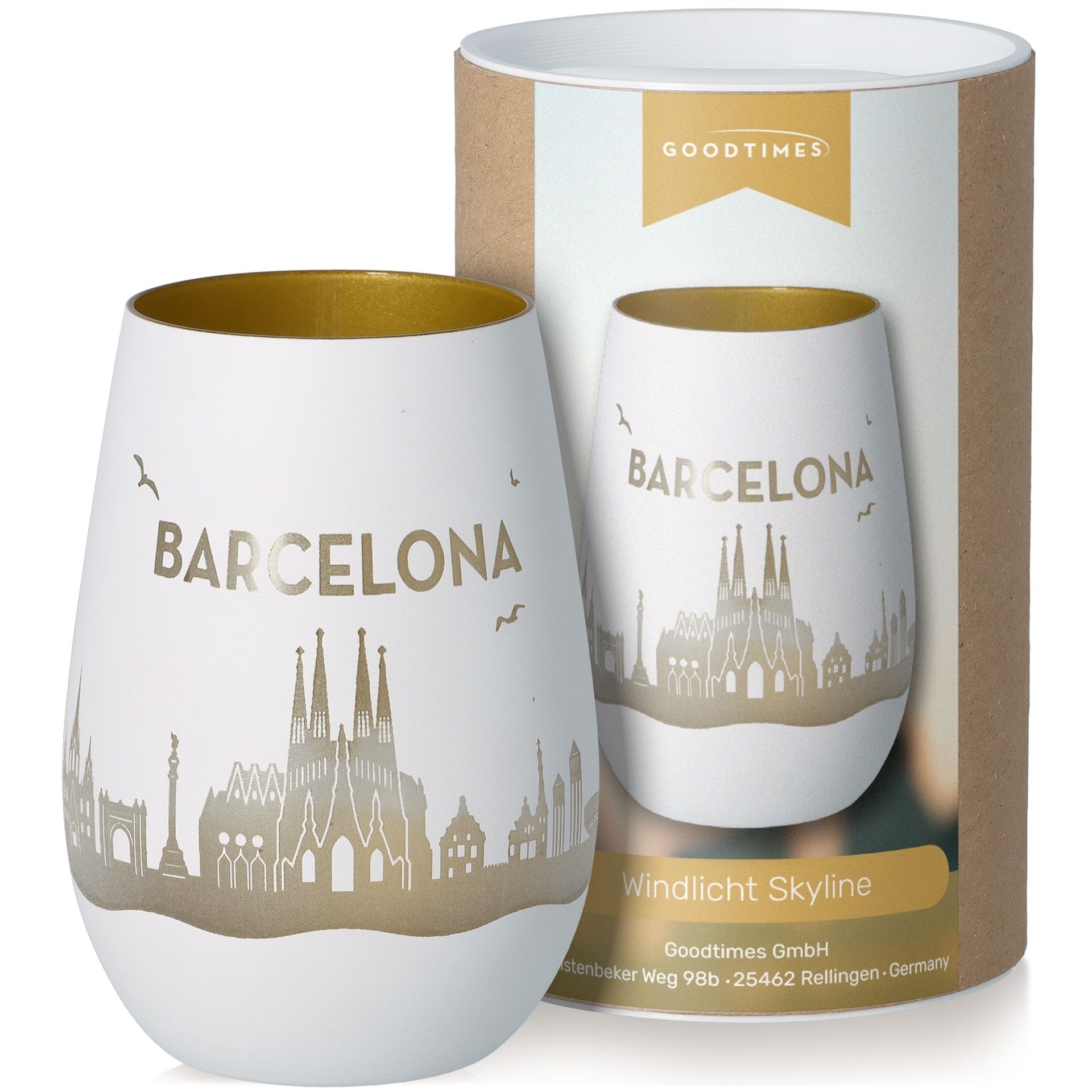 Windlicht Skyline Barcelona Weiß/Gold Töpferei, Tasse, Krug, Kunst, Porzellan