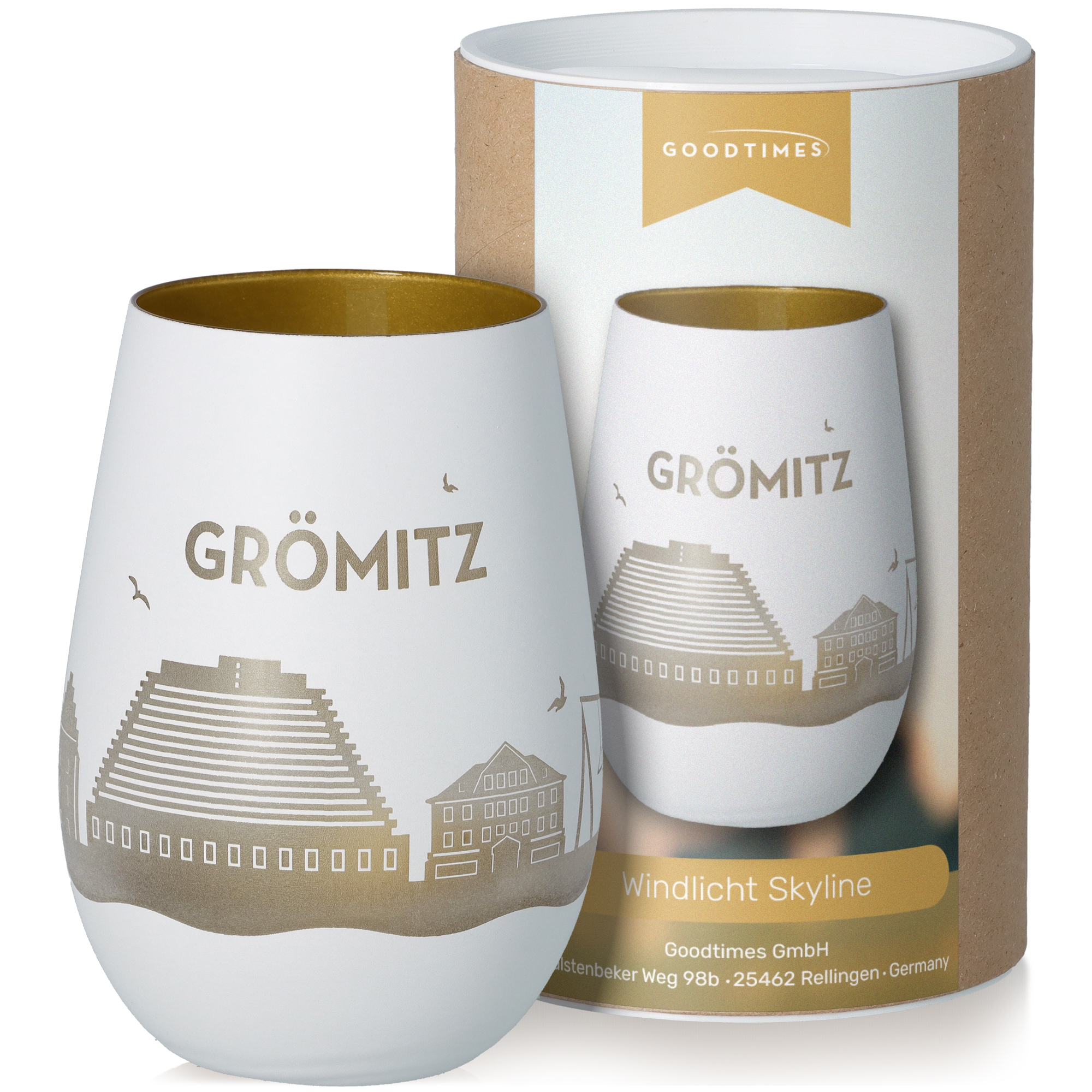 Windlicht Skyline Grömitz Weiß/Gold Töpferei, Krug, Tasse