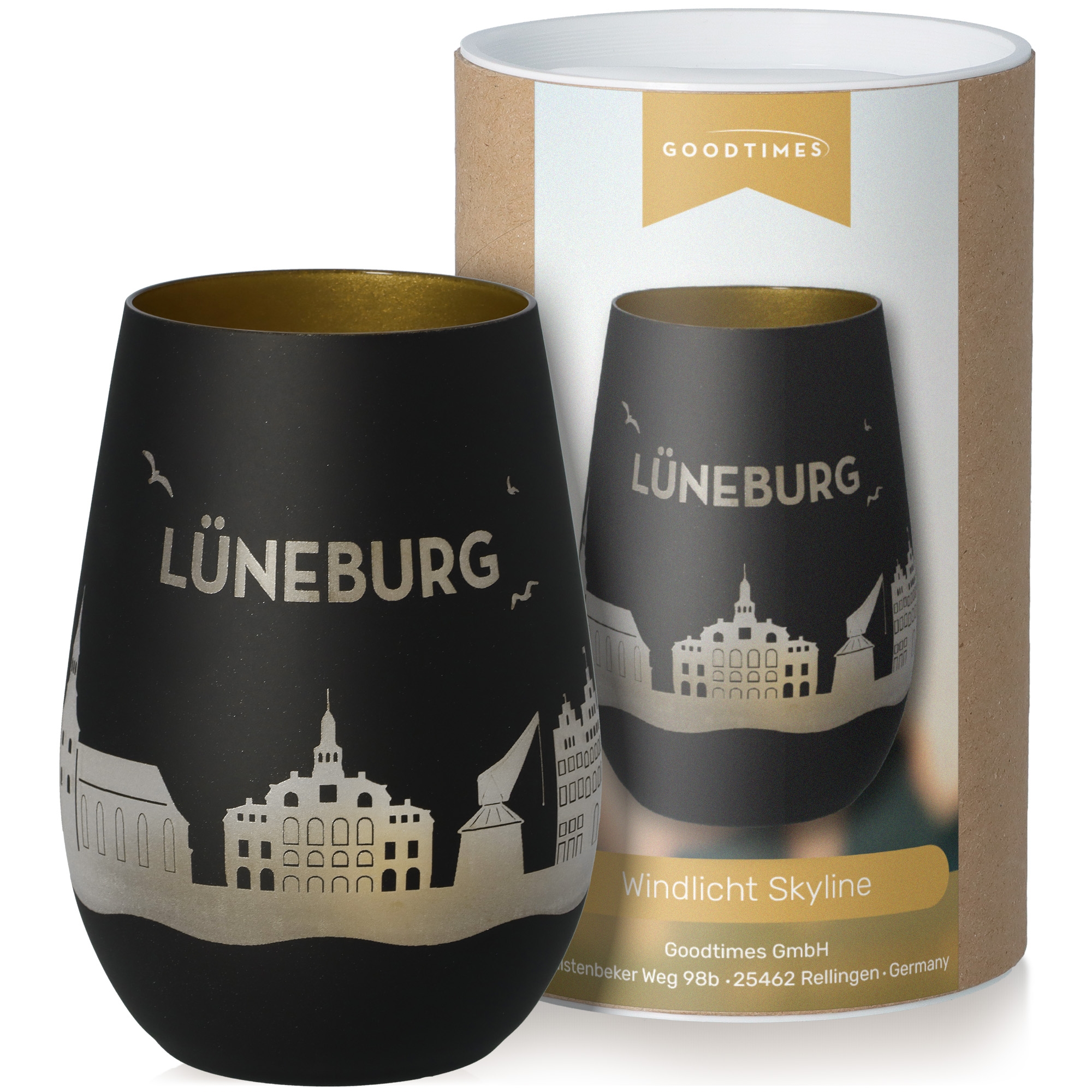 Windlicht Skyline Lüneburg Schwarz/Gold Krug, Töpferei