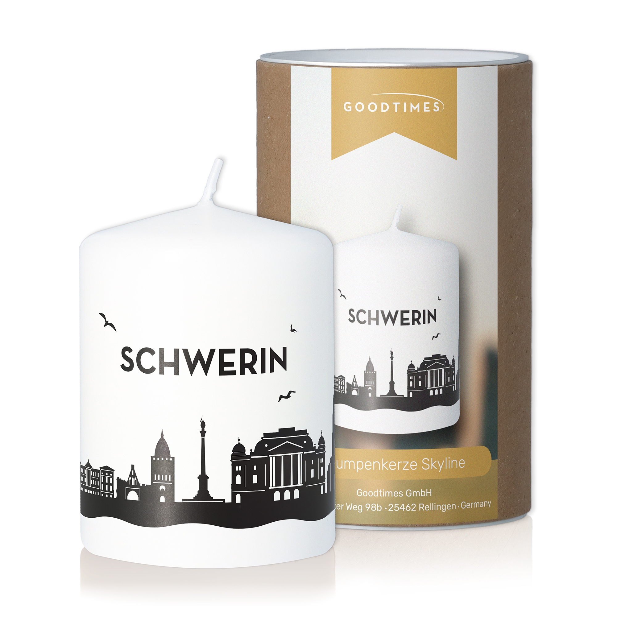 Stumpenkerze Skyline Schwerin Weiß Flasche