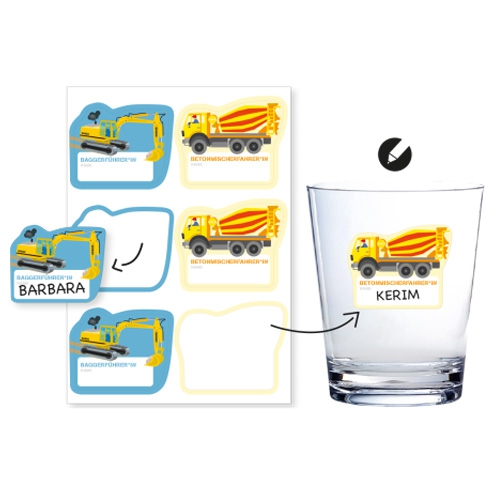 Baustelle - 6 Namensaufkleber Glas, Pokal