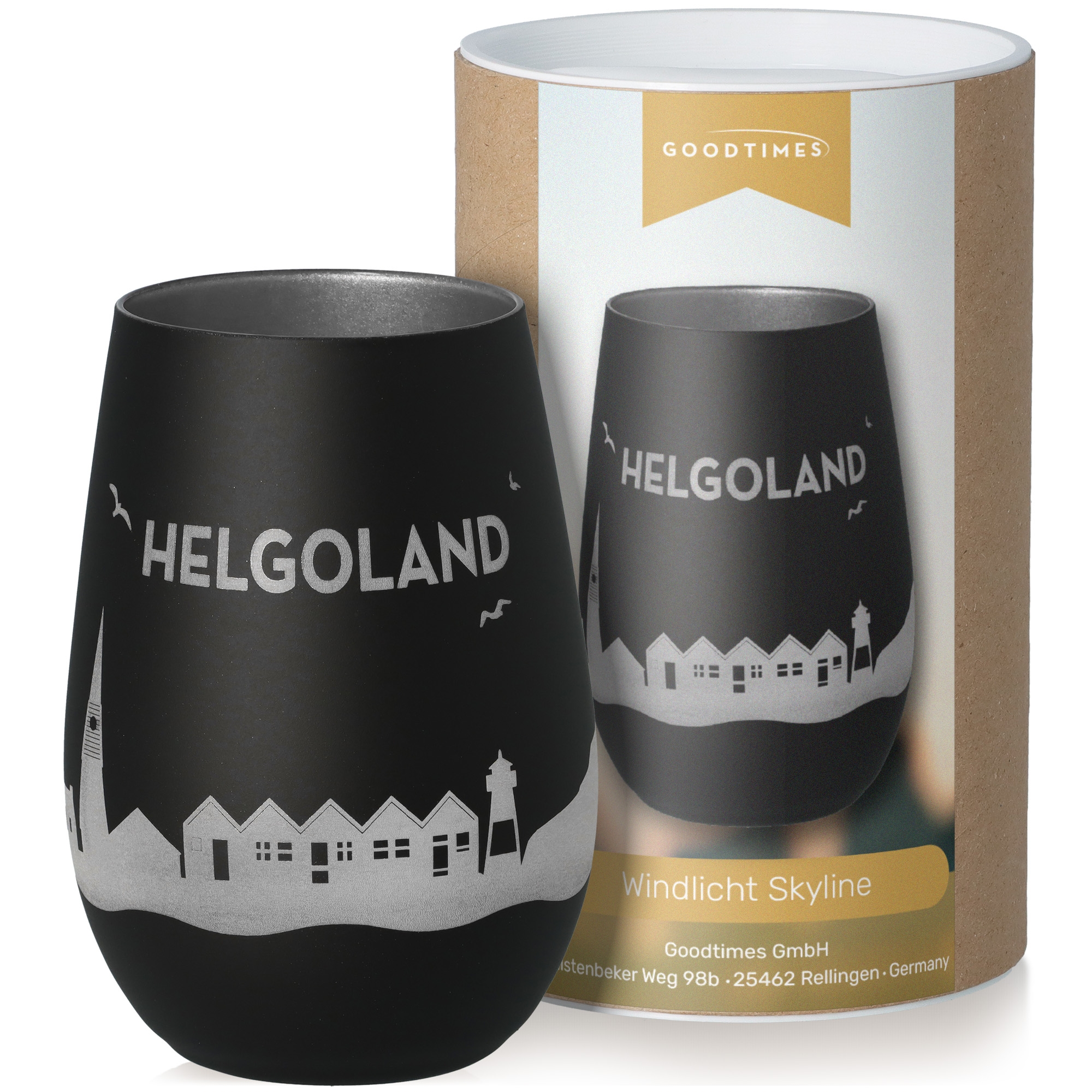 Windlicht Skyline Helgoland Schwarz/Silber
