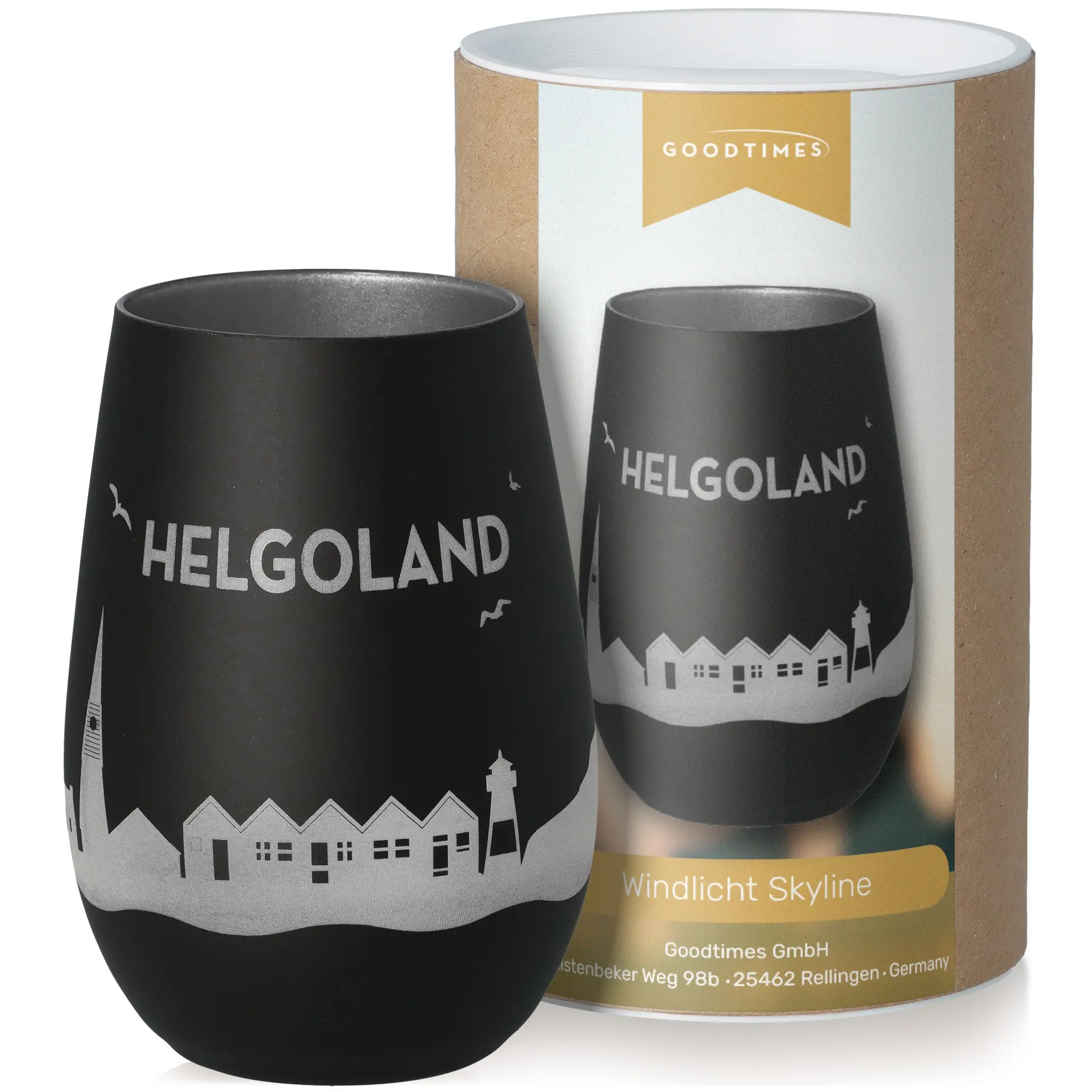 Windlicht Skyline Helgoland Schwarz/Silber