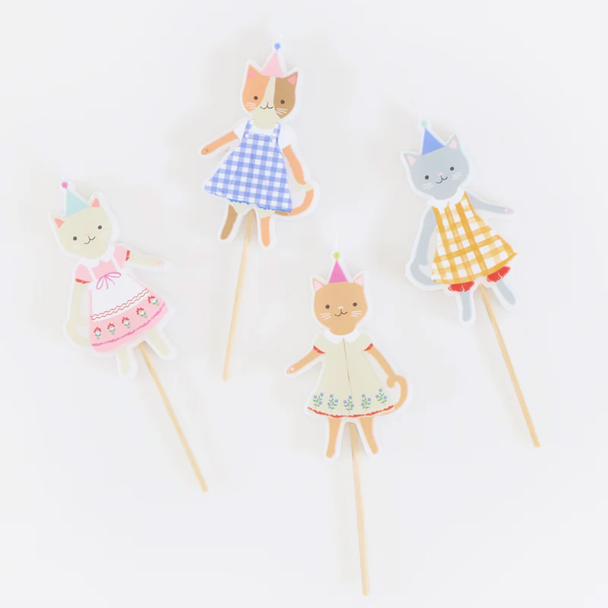 Katzen-Applikation, Pappteller-Spieße, Katzenfigur, Gingham Muster, Party Dekoration