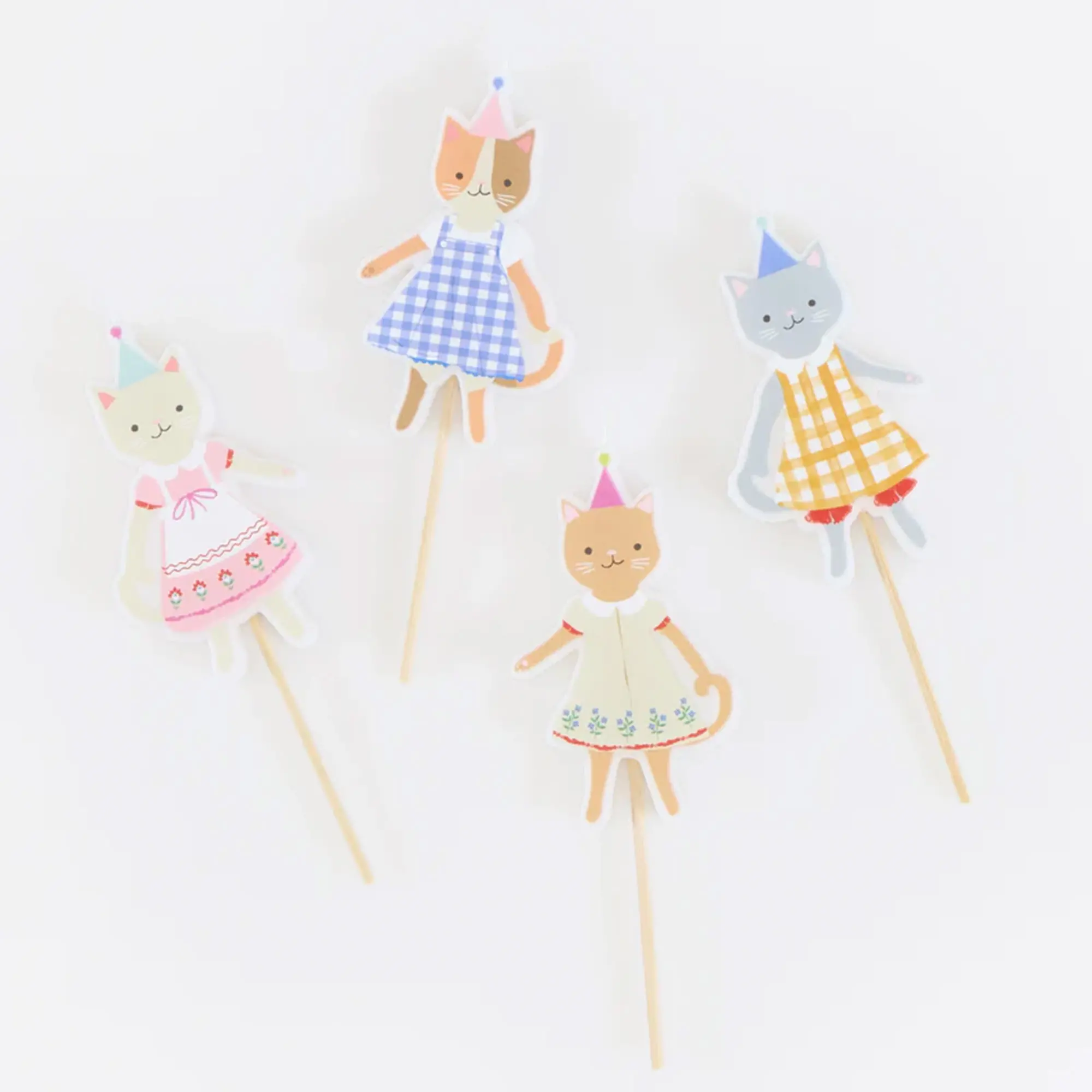 Katzen-Applikation, Pappteller-Spieße, Katzenfigur, Gingham Muster, Party Dekoration