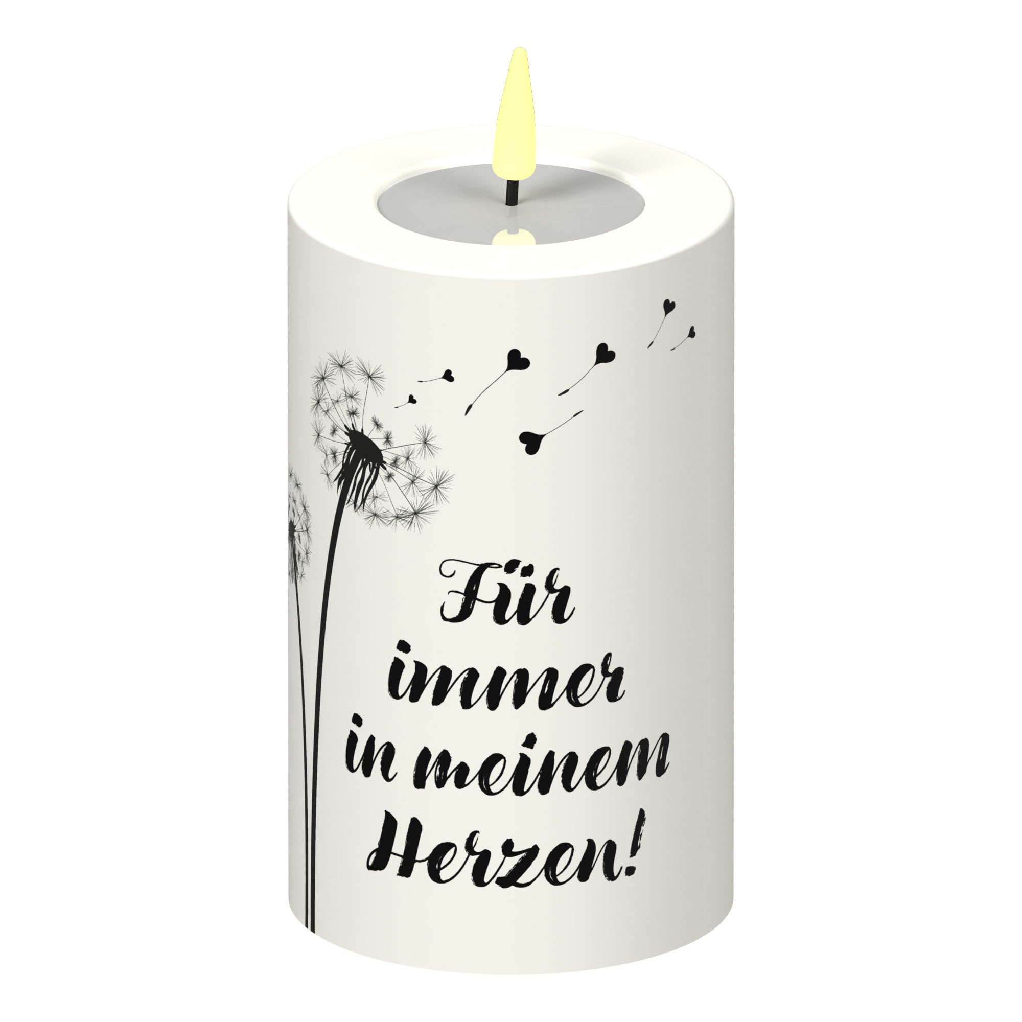 LED Stumpenkerze Weiß Pusteblume Herzen "Für immer in meinem Herzen" LED Stumpenkerze Weiß Pusteblume Herzen "Für immer in meinem Herzen"
