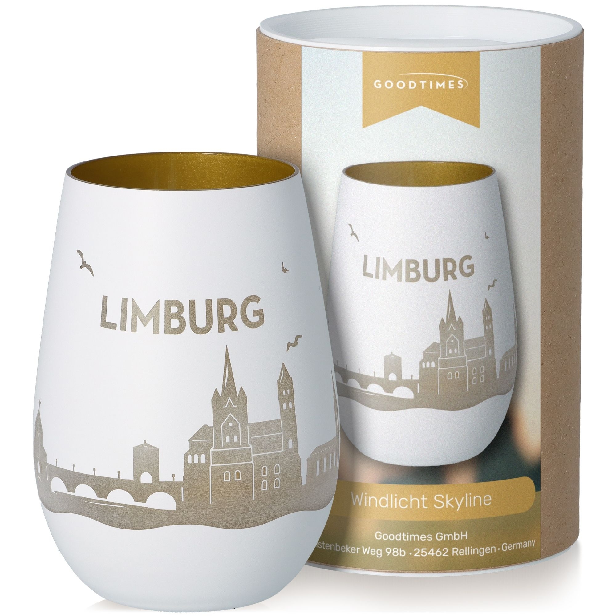 Windlicht Skyline Limburg Weiß/Gold Töpferei, Kunst, Porzellan, Tasse, Krug