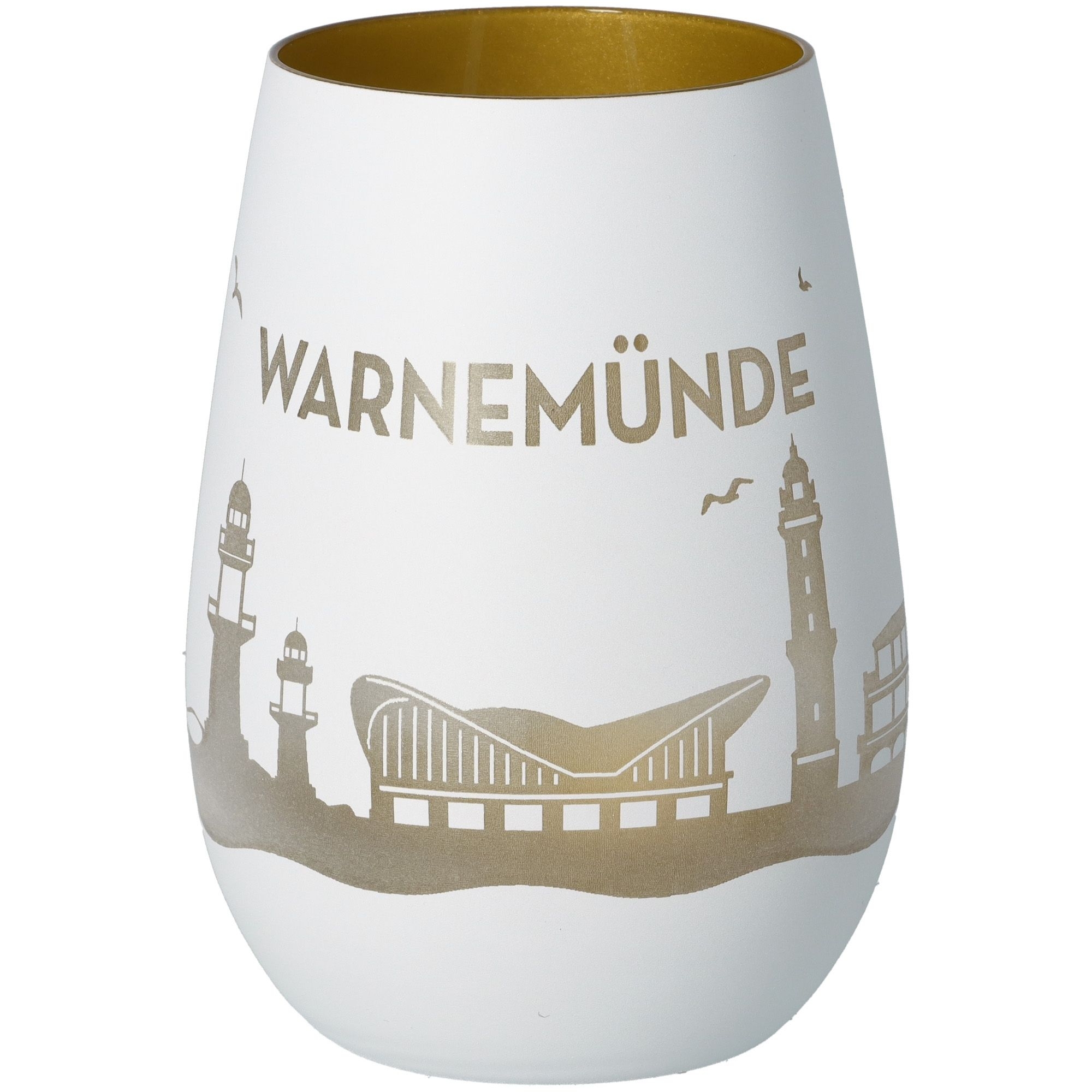 Windlicht Skyline Warnemünde Weiß/Gold Töpferei, Krug, Vase, Kunst, Porzellan