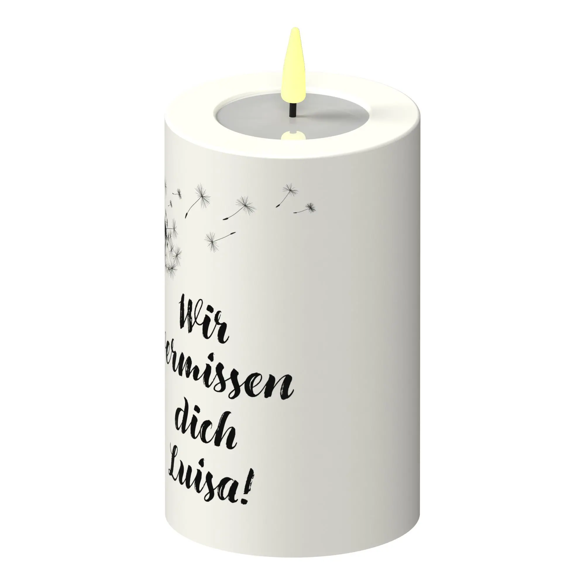LED Stumpenkerze Weiß Pusteblume "Wir vermissen dich NAME"!