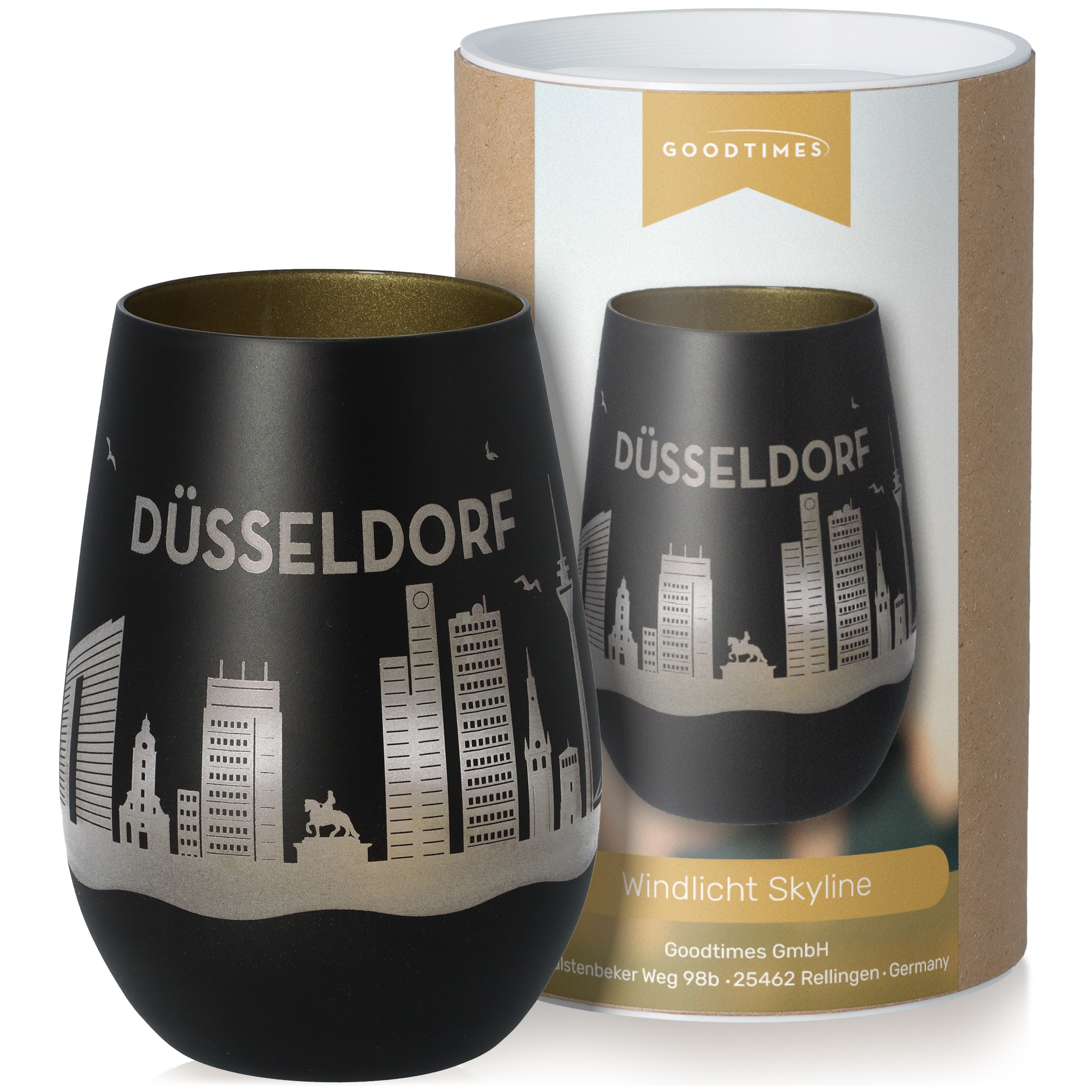 Windlicht Skyline Düsseldorf Schwarz/Gold Töpferei, Krug, Lampe