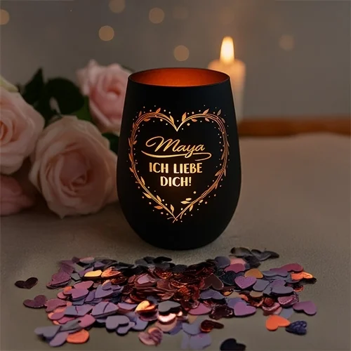 Herz-Form, Kerze, Schwarz, Personalisierte Gravur, Blumen-Deko