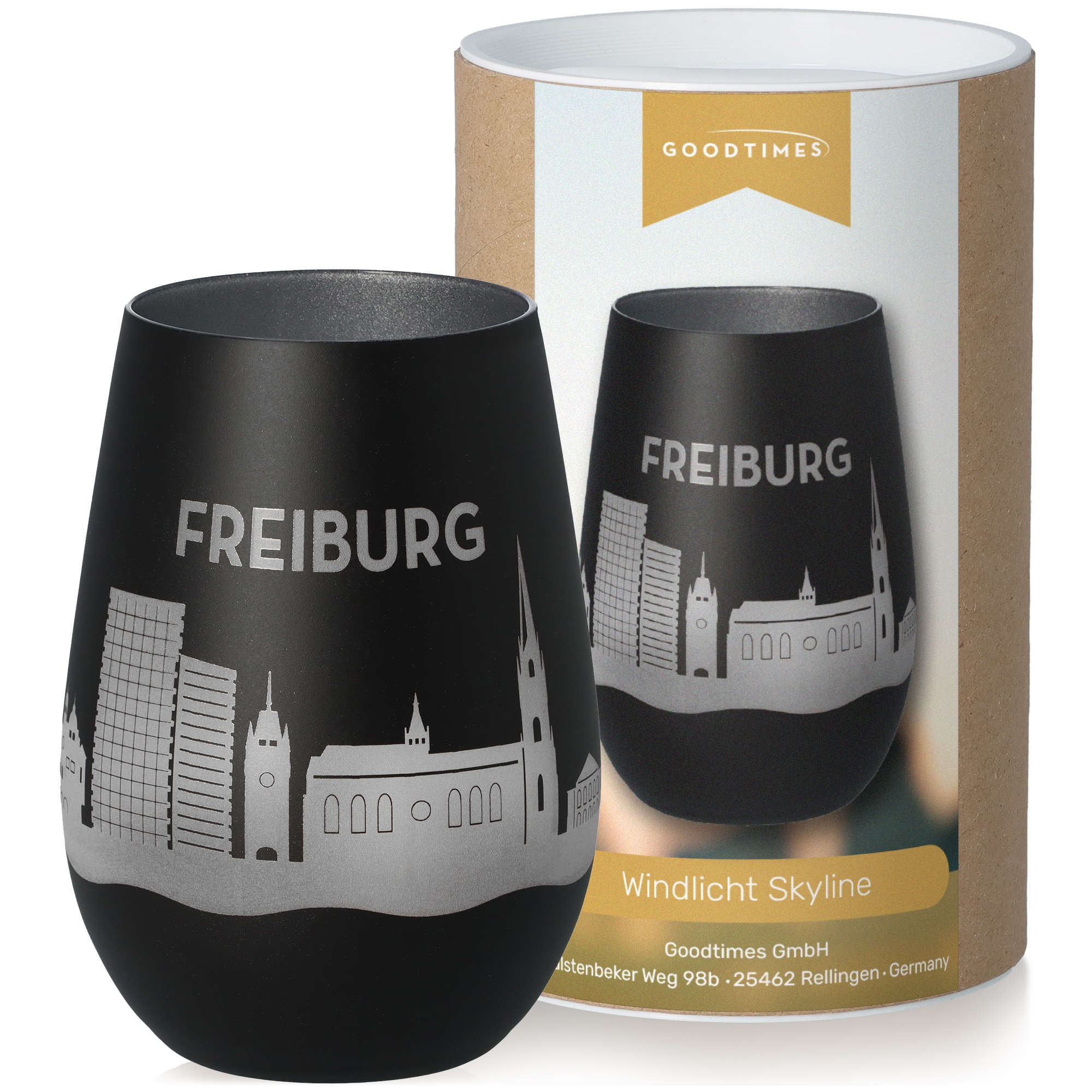 Windlicht Skyline Freiburg Schwarz/Silber Krug, Töpferei