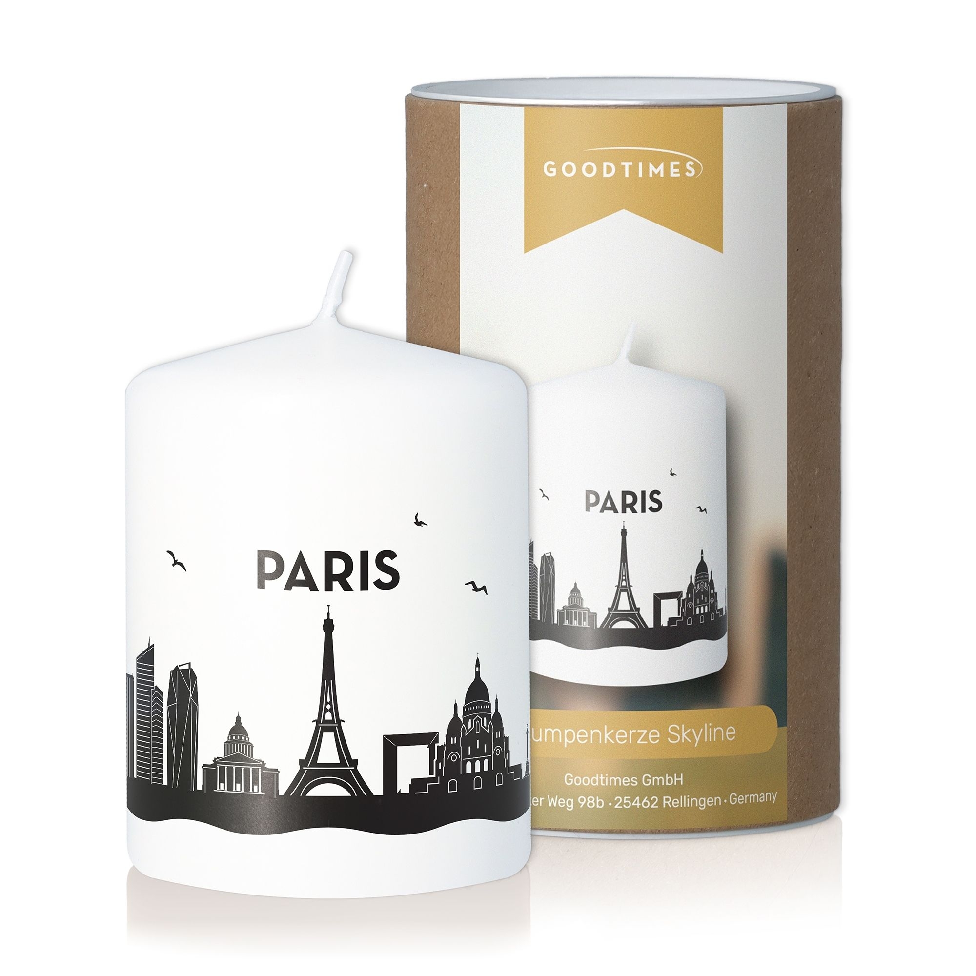 Stumpenkerze Skyline Paris Weiß
