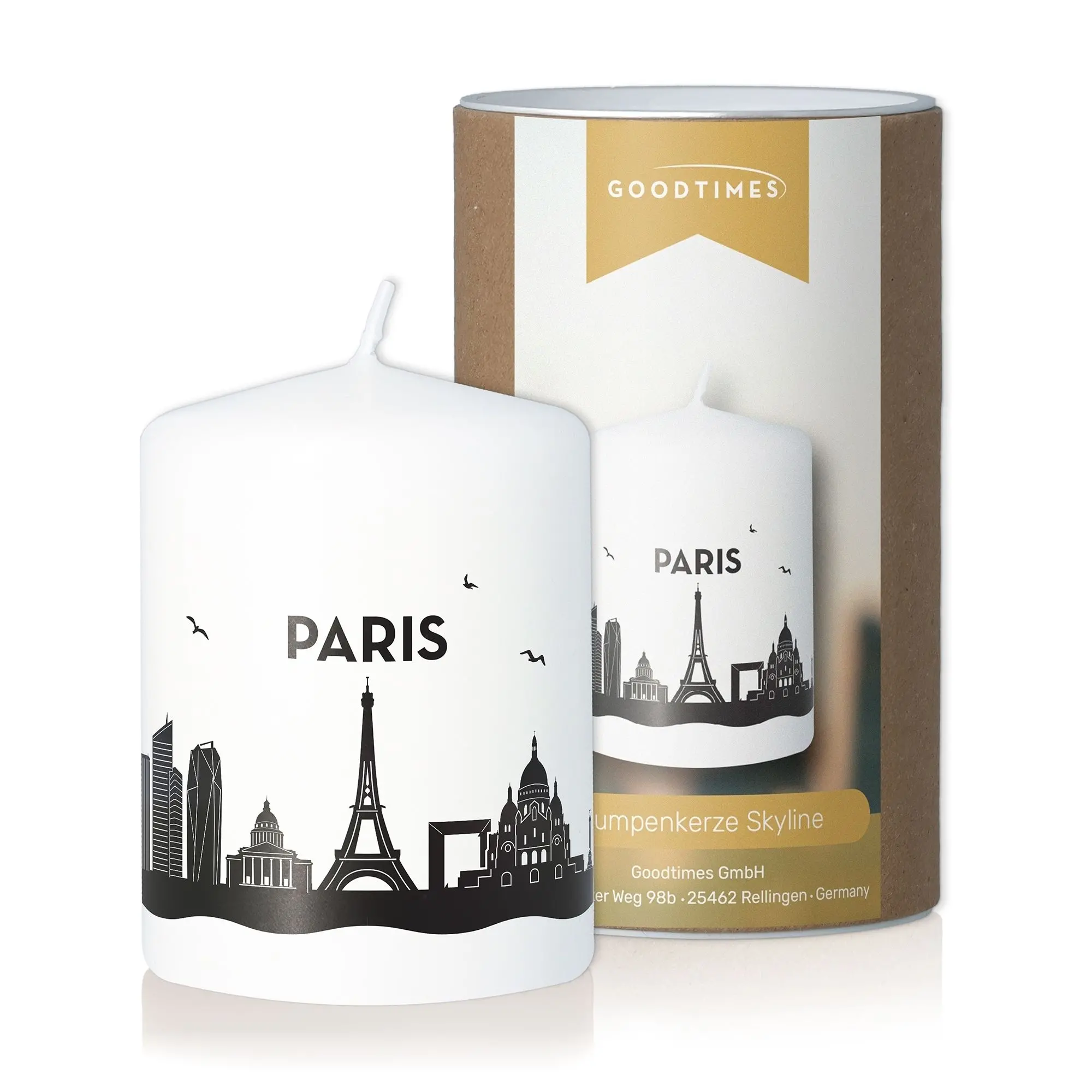 Stumpenkerze Skyline Paris Weiß