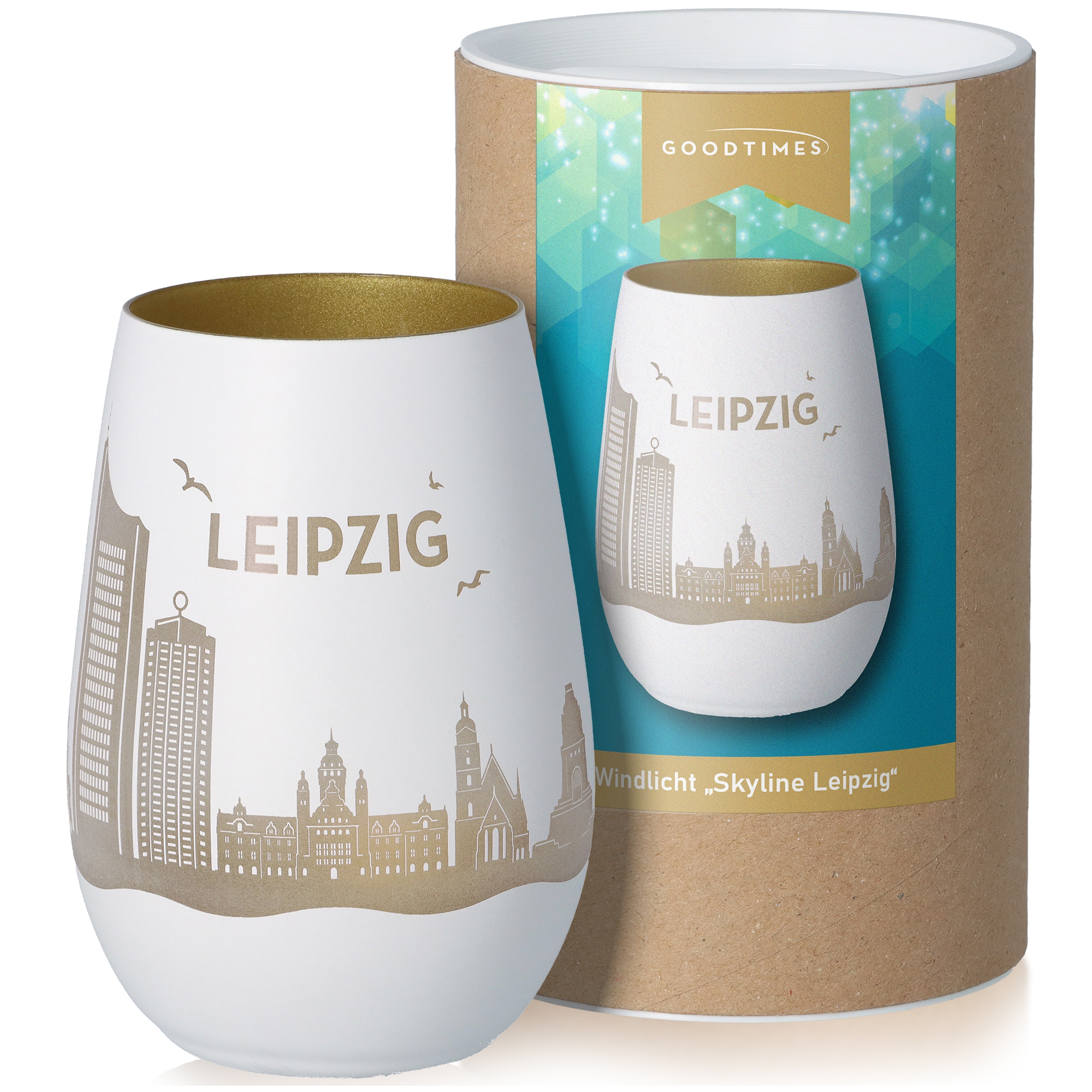 Windlicht Skyline Leipzig Weiß/Gold