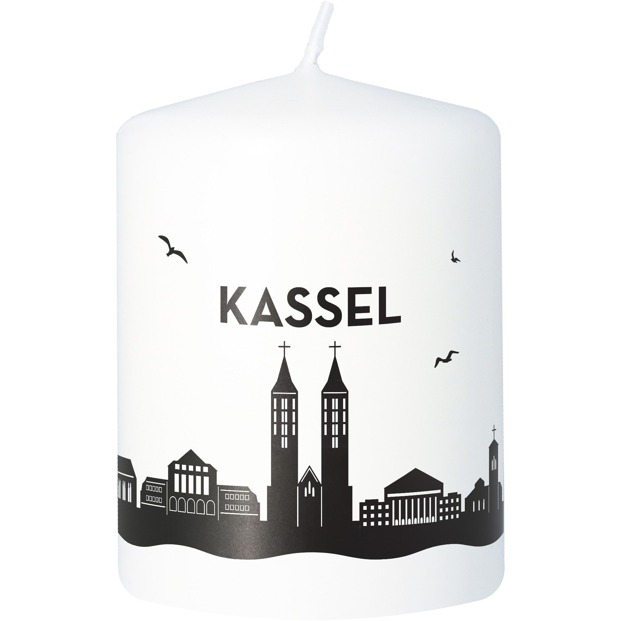 Stumpenkerze Skyline Kassel Weiß