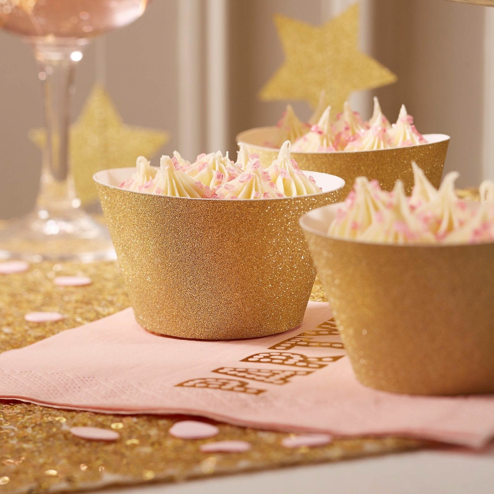 10 Cupcake Wraps Gold Glitzer 10 Cupcake Wraps Gold Glitzer