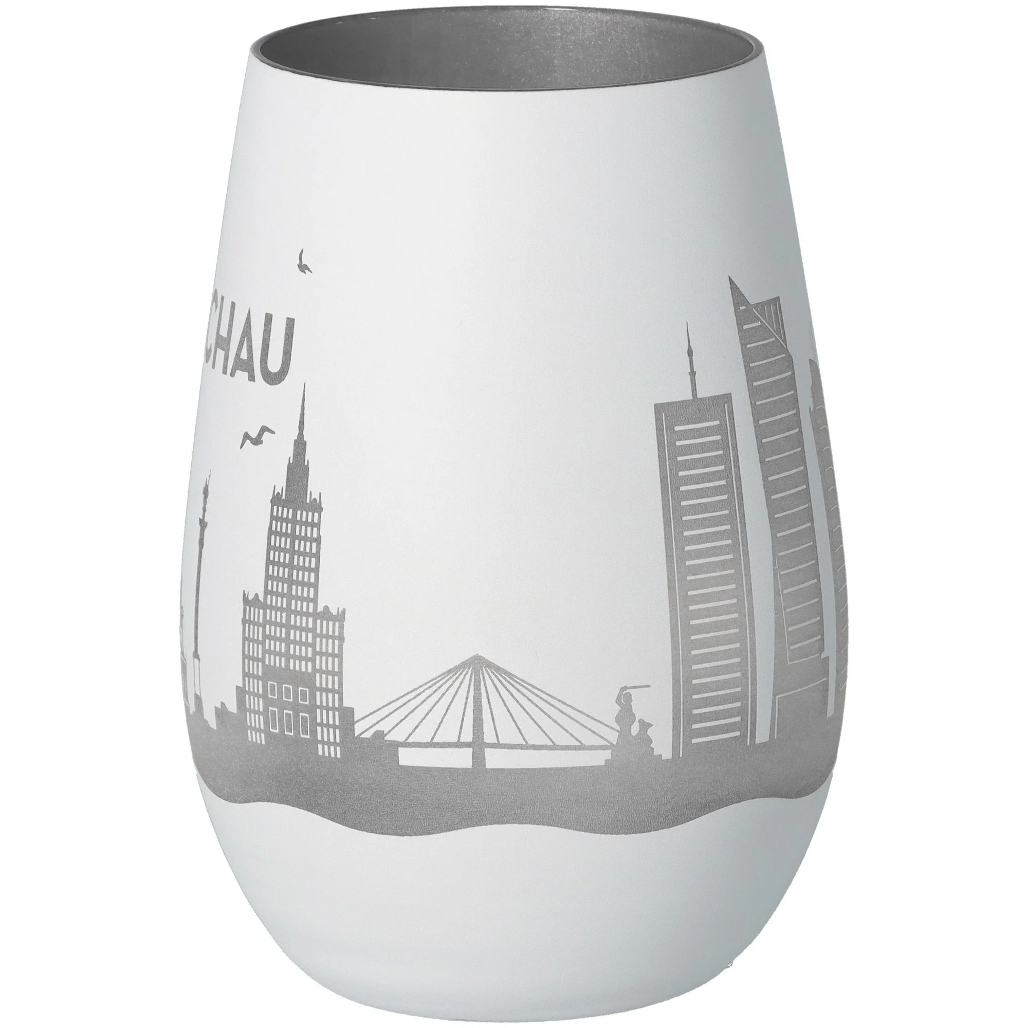 Vase, Glasvase, Stadtmotiv, Silber, Matt