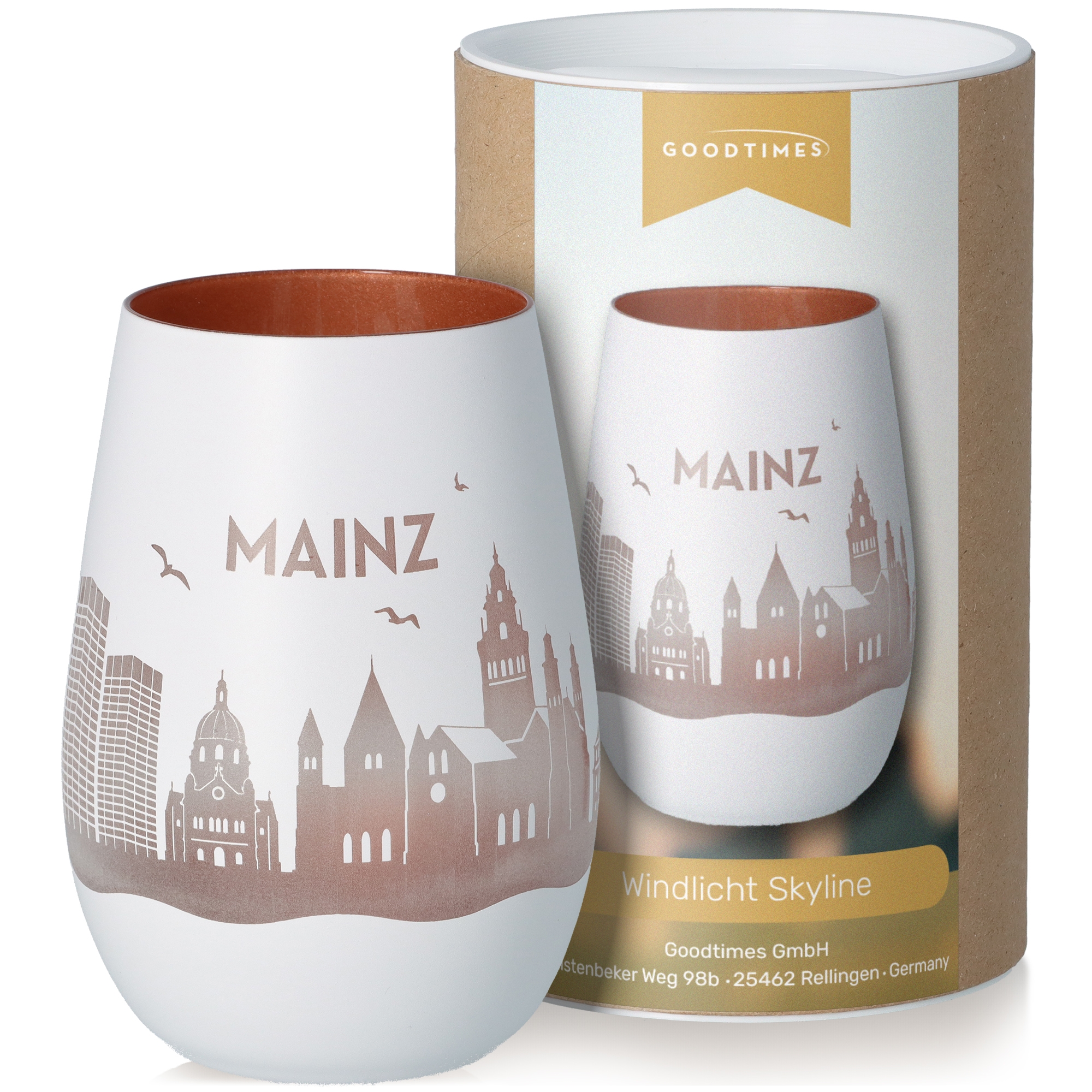 Windlicht Skyline Mainz Weiß/Bronze Töpferei, Tasse, Kunst, Porzellan, Glas