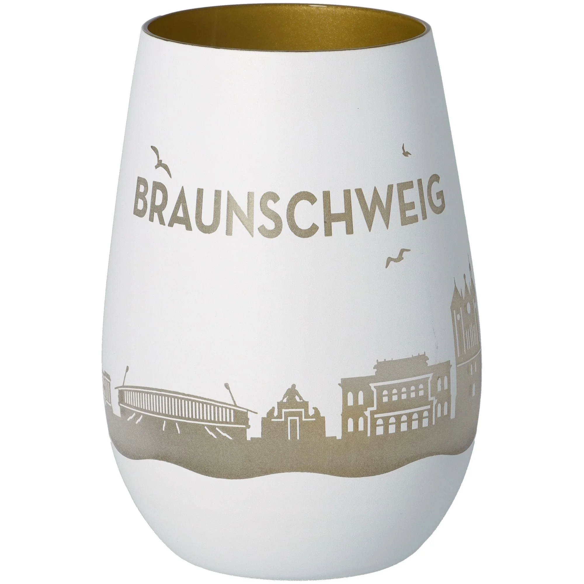 vase, keramik, weiß, städtische silhouette, goldenes innere