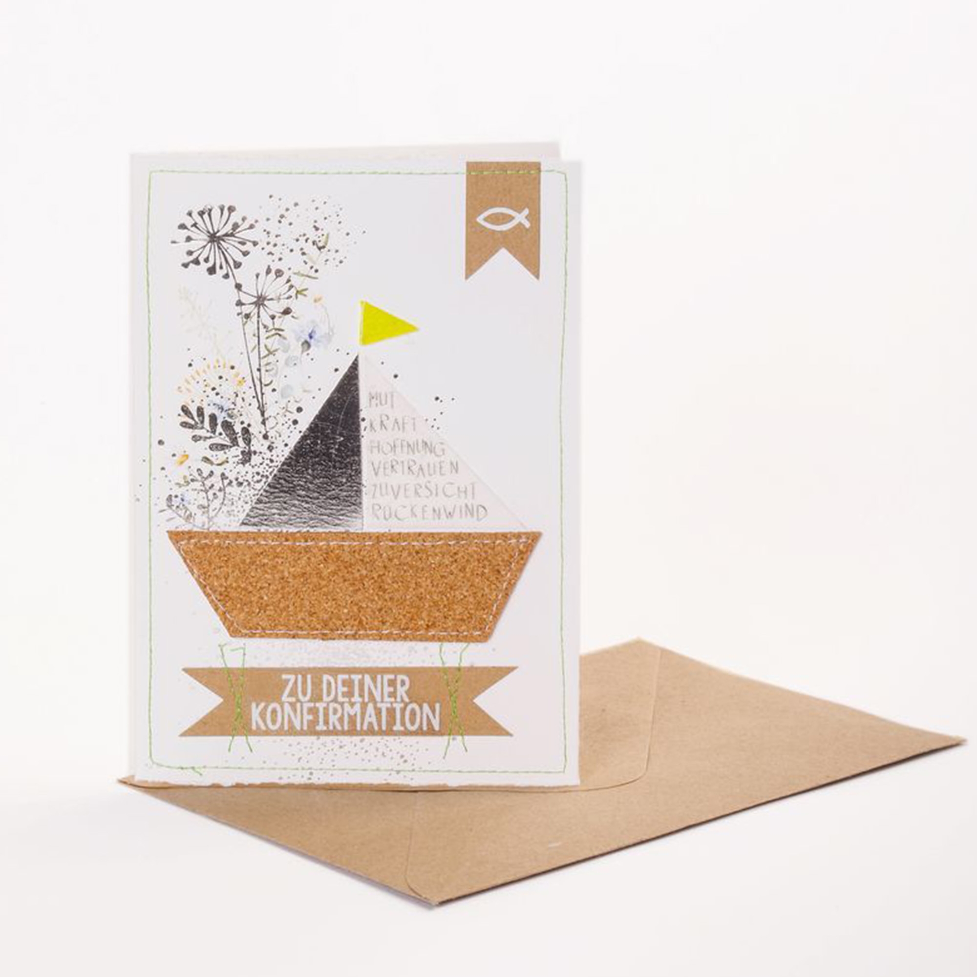 Konfirmationsblumenkarte "Boot" Briefumschlag, Grußkarte, Post, Werbung, Plakat