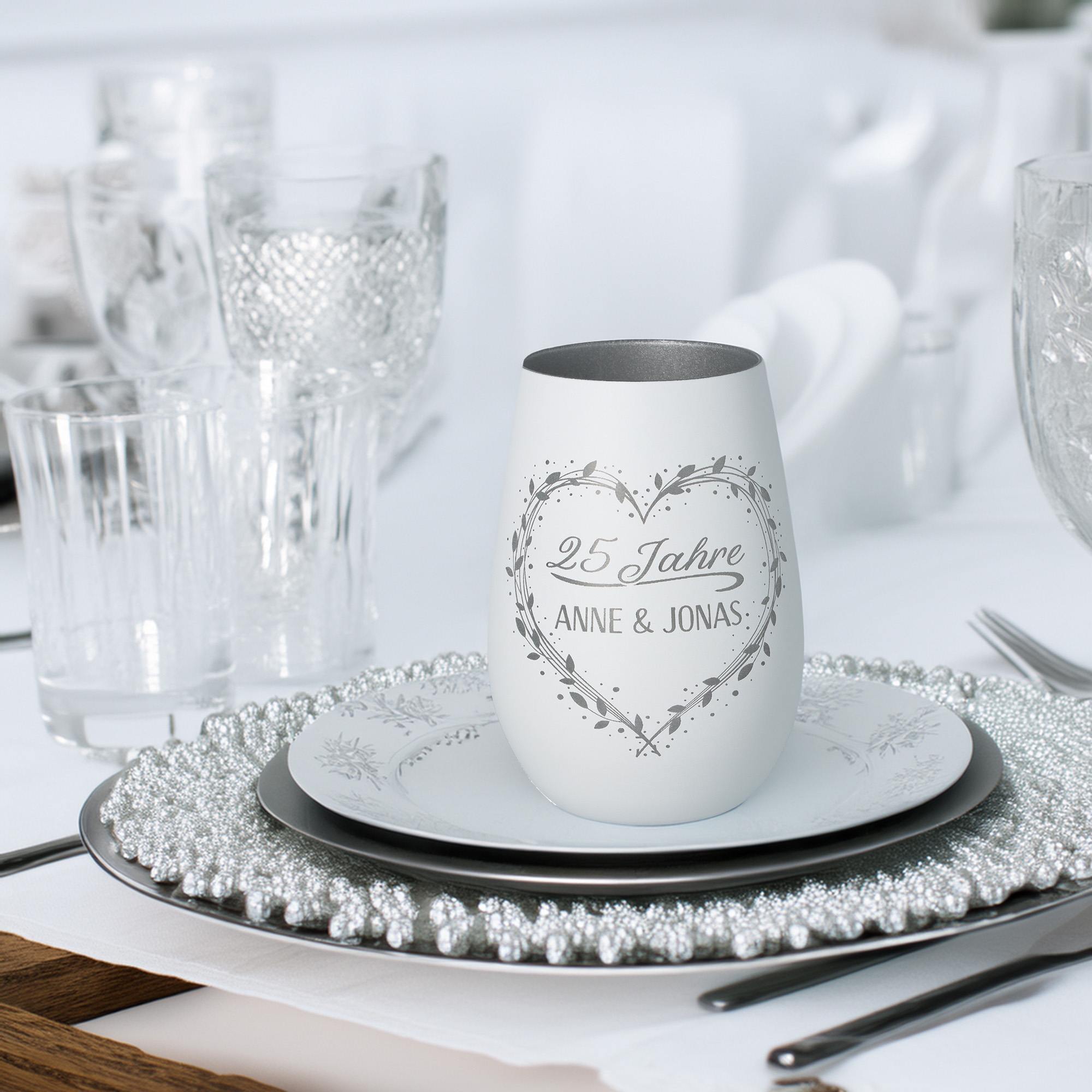 Windlicht 25 Jahre "Namen" Weiß/Silber Glas, Untertasse, Porzellan, Kelch, Tasse