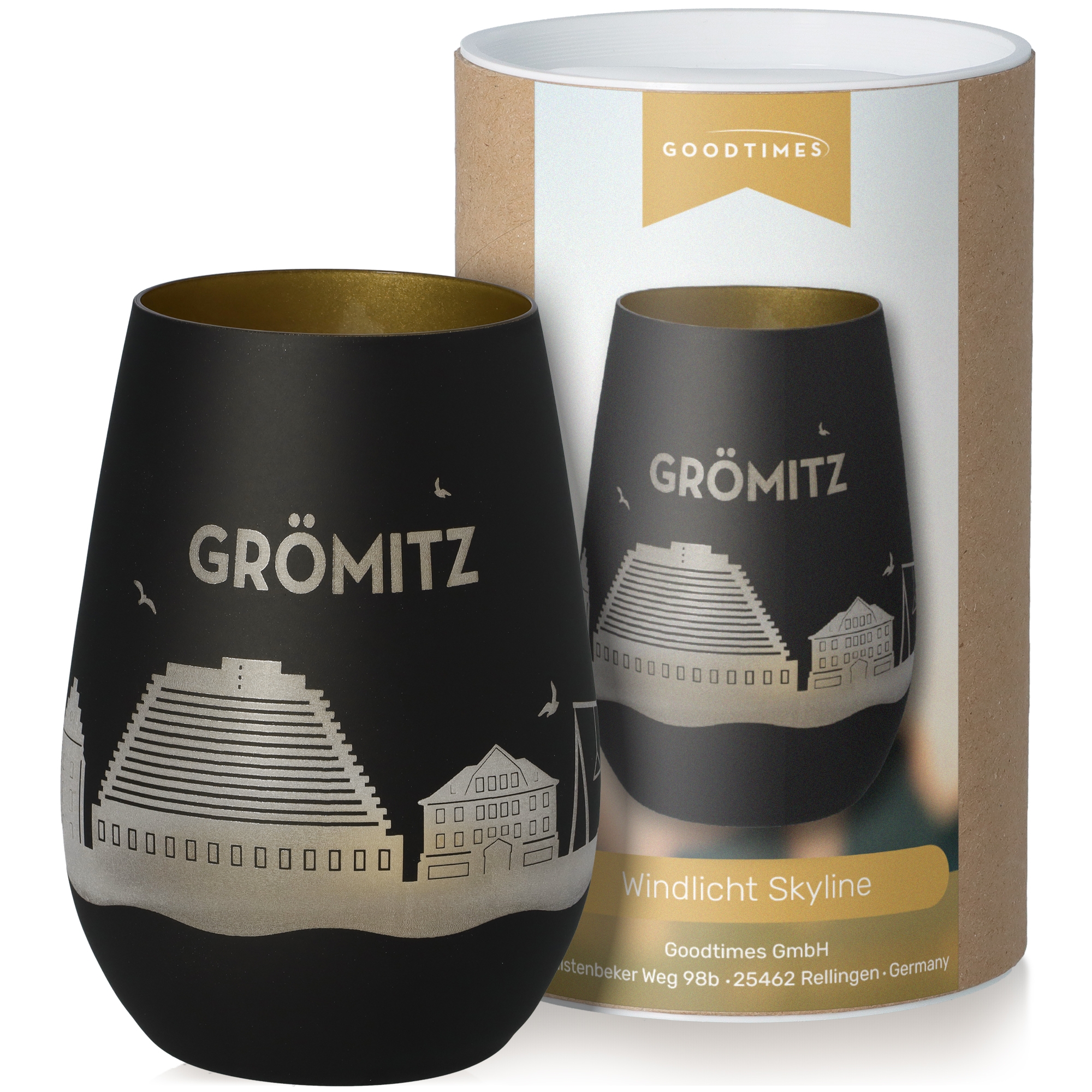 Windlicht Skyline Grömitz Schwarz/Gold Krug, Töpferei, Flasche